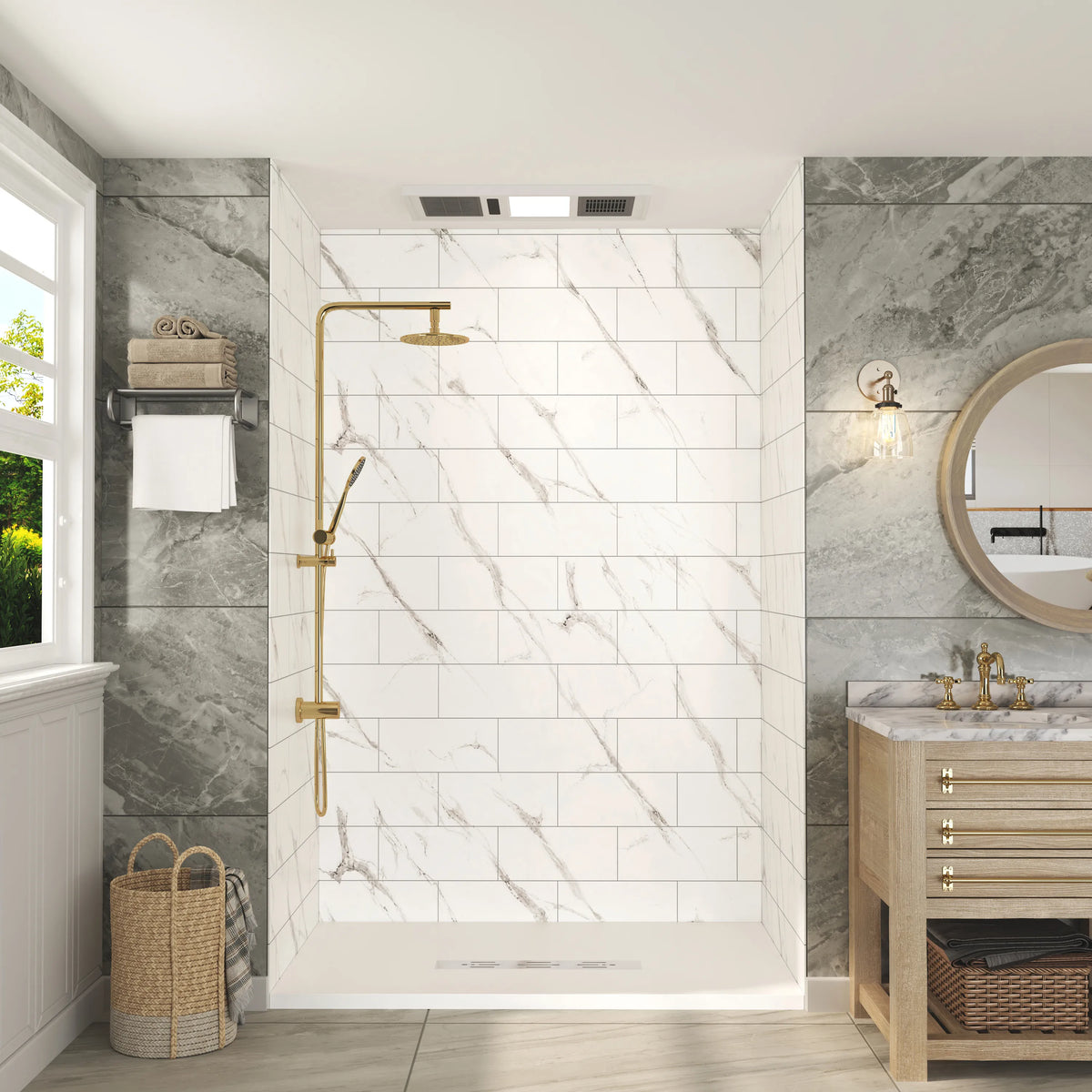 60"x36"/48"x96" Medium Tile Pattern SMC Shower Wall Panel System in 4 Finishes