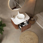 Floating Bathroom Vanity with Curved Edges, Fluted Drawer Fronts, Carrara Sintered Stone Top and Round Ceramic Vessel Sink, Natural Woodgrain / Dark Walnut