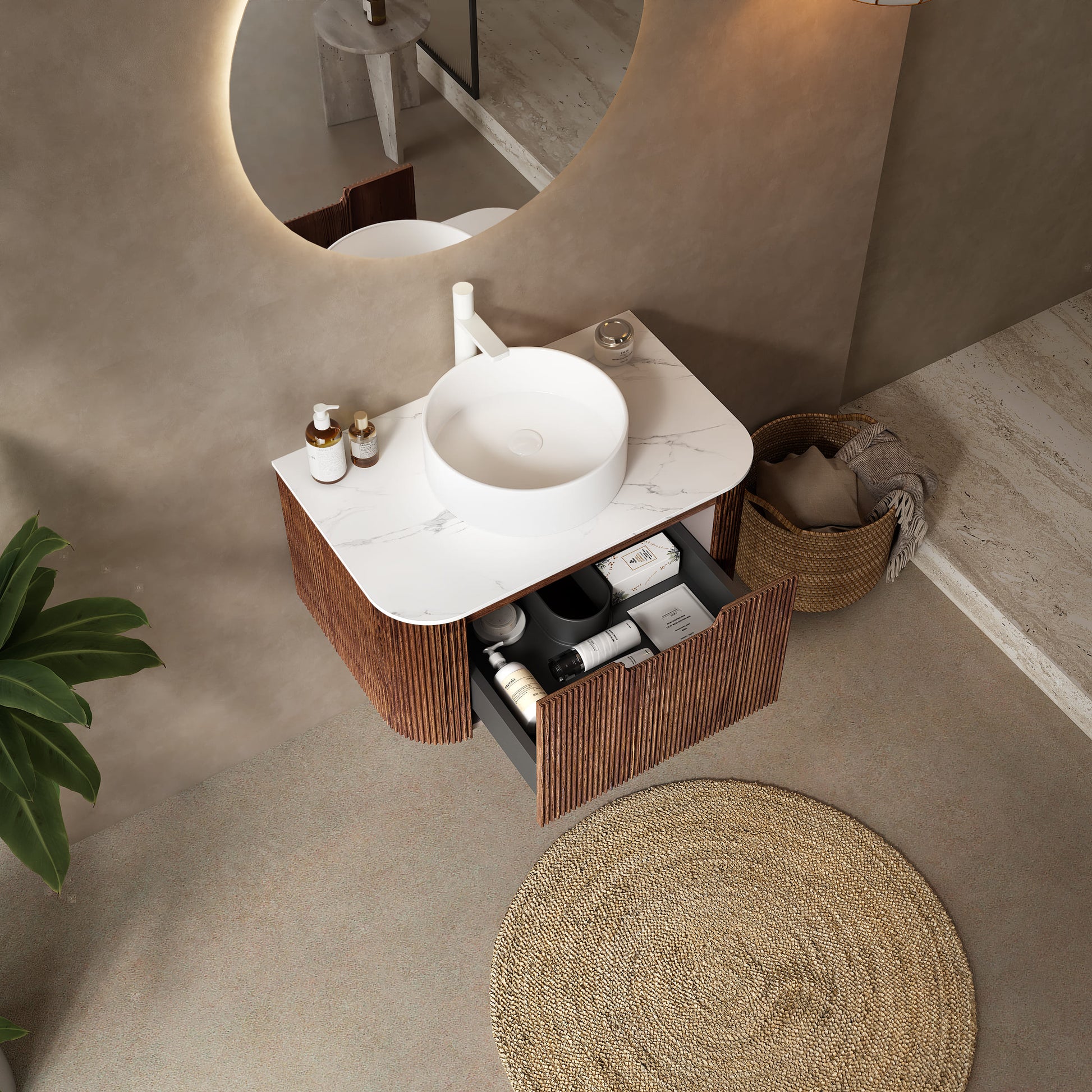 Floating Bathroom Vanity with Curved Edges, Fluted Drawer Fronts, Carrara Sintered Stone Top and Round Ceramic Vessel Sink, Natural Woodgrain / Dark Walnut