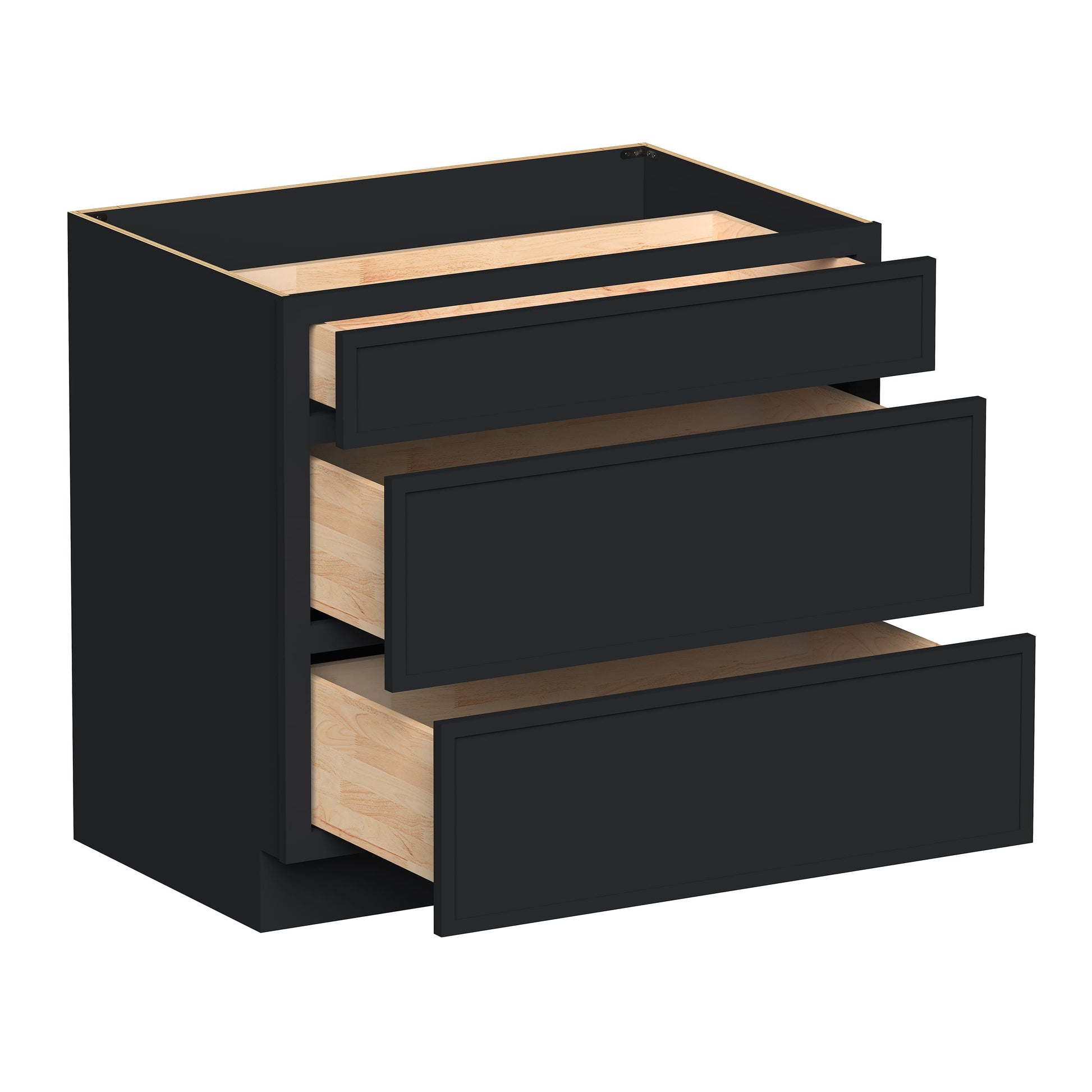 Slim Ebony Black Shaker RTA 12"-36"W x 34.5"H x 24"D 9-Size Drawer Base Cabinet with 3 Drawers