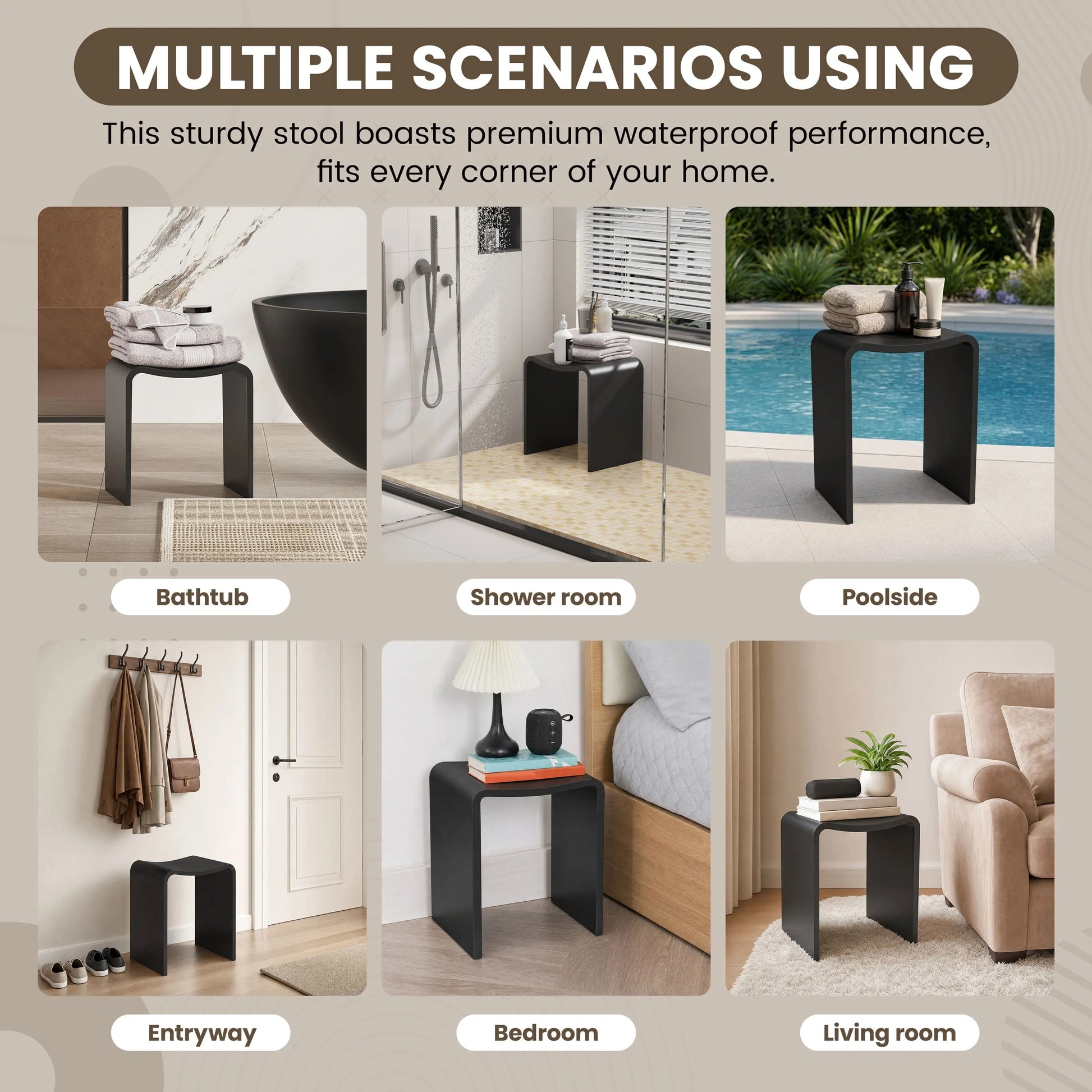 Solid Surface U-Shaped Shower Stool in Matte White / Matte Black