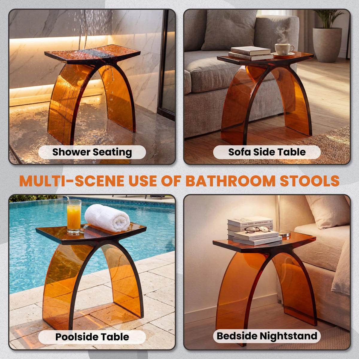 Translucent Resin Arched Solid Surface Bathroom Shower Bench in Glossy Smoke Black/Amber