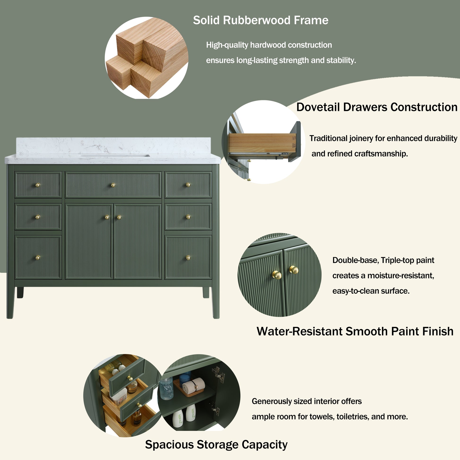 30"/36"/48" Freestanding Single Sink Bathroom Vanity with Solid Wood Construction & Marble Top