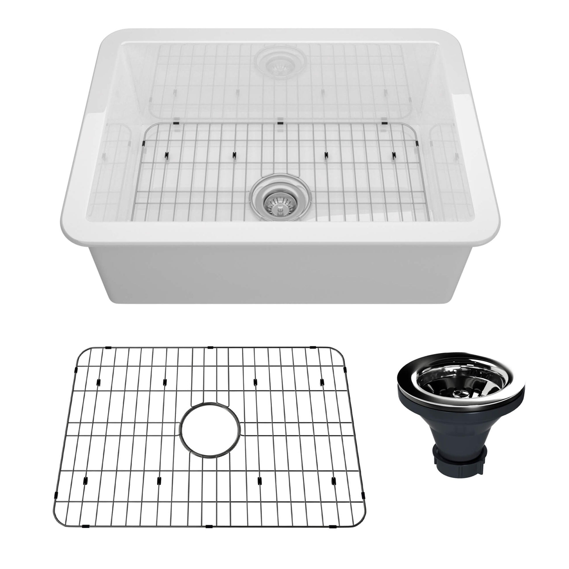 27 in. Undermount Single Bowl Fireclay Kitchen Sink with Grid and Drainer With cUPC Certified, in Glossy White/Matte Black/Matte Gray