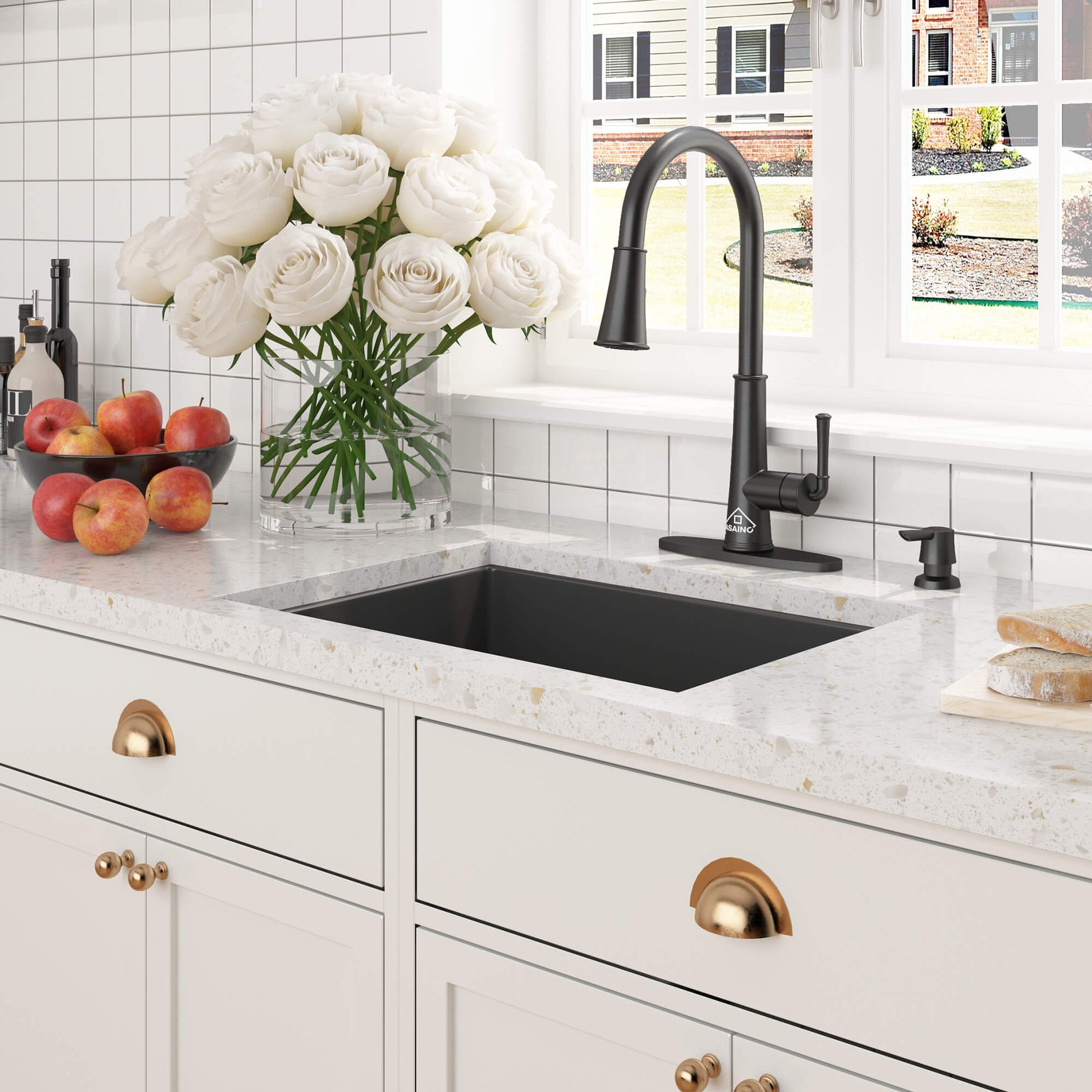 27 in. Undermount Single Bowl Fireclay Kitchen Sink with Grid and Drainer With cUPC Certified, in Glossy White/Matte Black/Matte Gray