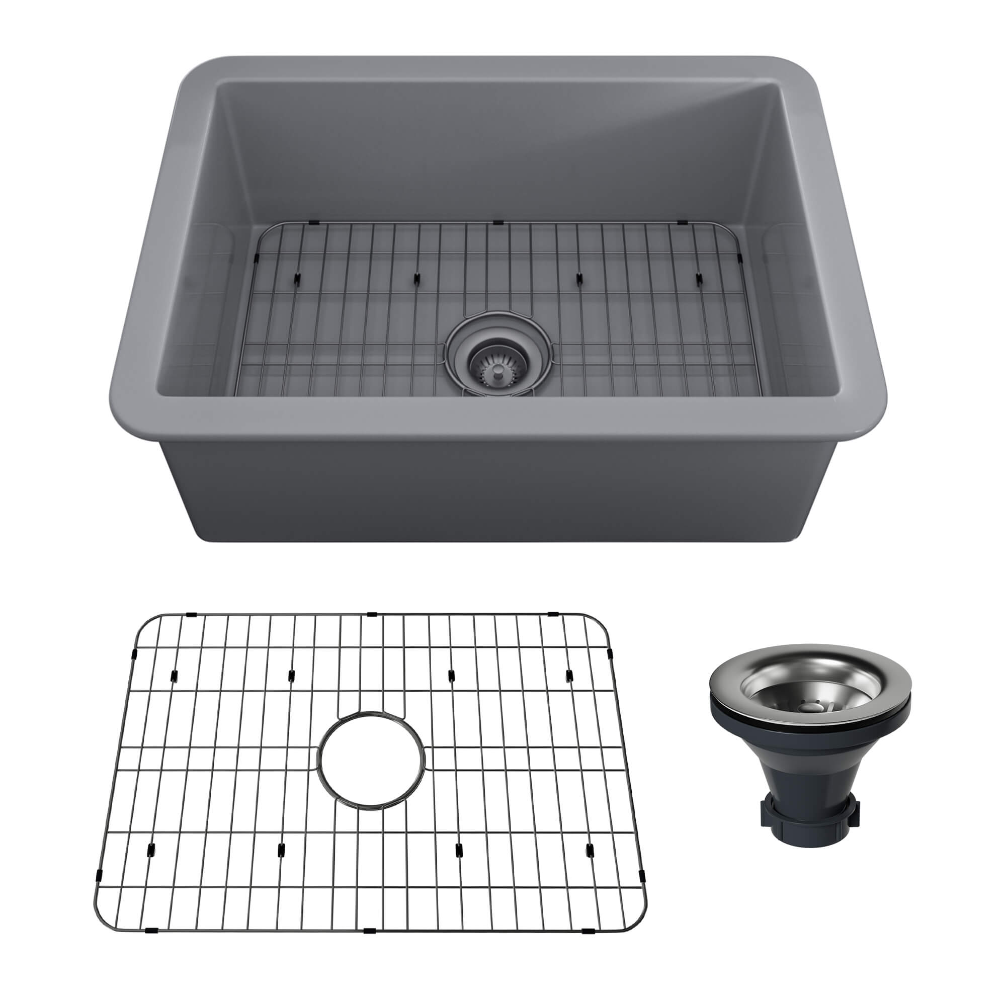 27 in. Undermount Single Bowl Fireclay Kitchen Sink with Grid and Drainer With cUPC Certified, in Glossy White/Matte Black/Matte Gray