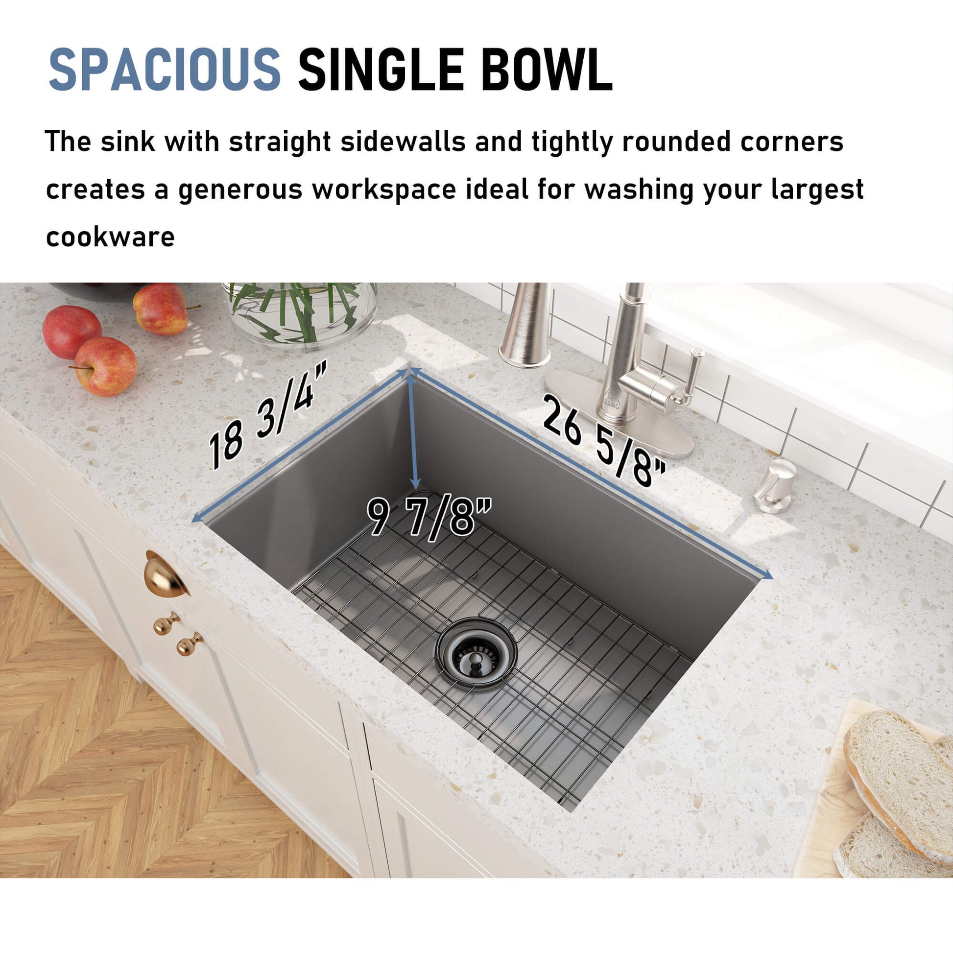 27 in. Undermount Single Bowl Fireclay Kitchen Sink with Grid and Drainer With cUPC Certified, in Glossy White/Matte Black/Matte Gray