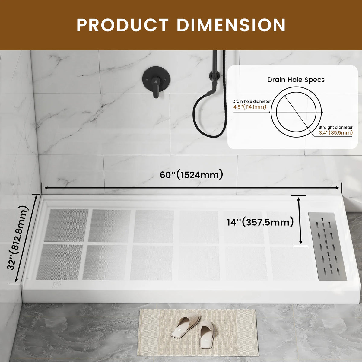 48"/60" x 30"/32"/36" White SMC Rectangular Shower Base with Non-Slip Texture, Left/Right Drain