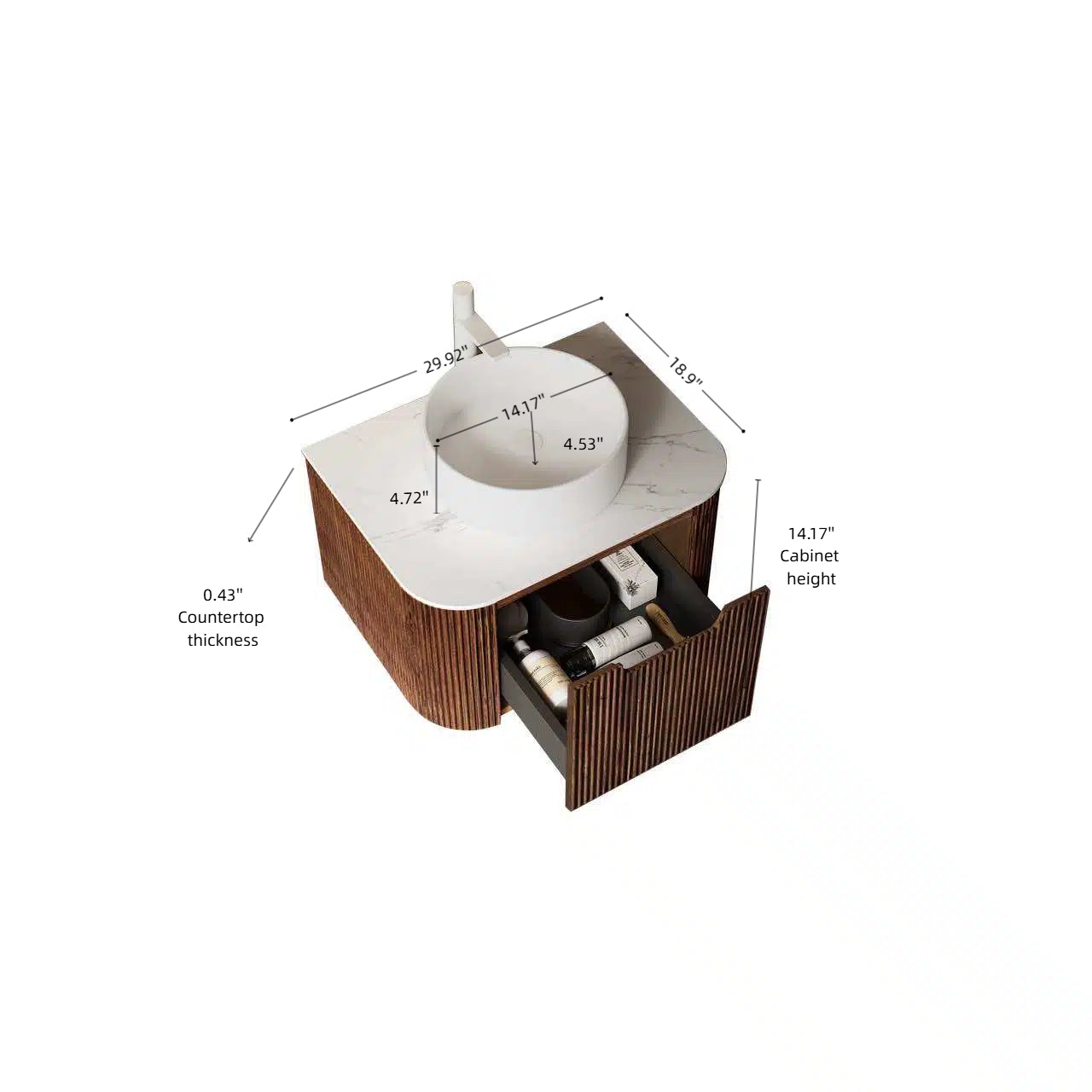 Floating Bathroom Vanity with Curved Edges, Fluted Drawer Fronts, Carrara Sintered Stone Top and Round Ceramic Vessel Sink, Natural Woodgrain / Dark Walnut