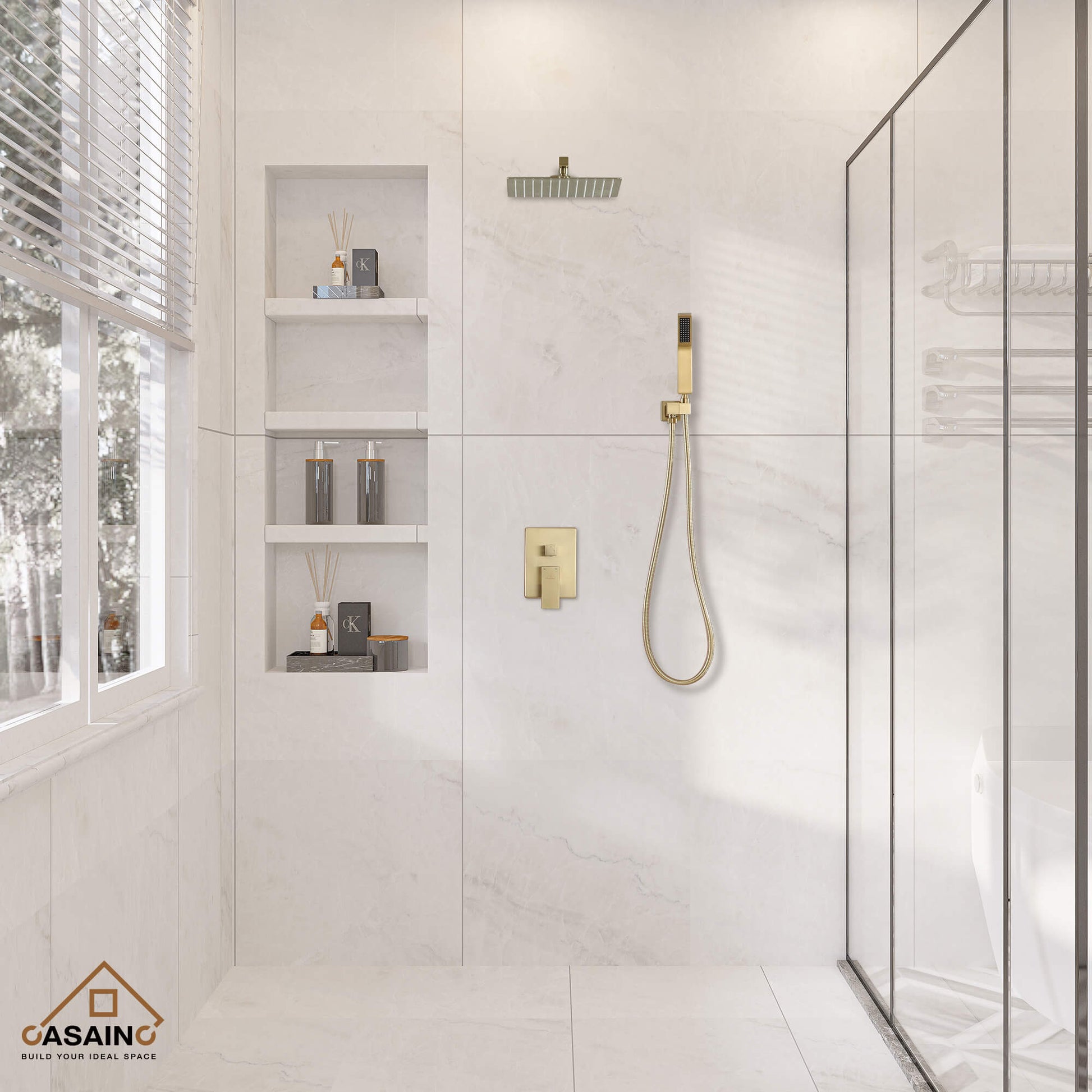 Casainc 2-Function Wall-Mounted/Ceiling-Mounted Shower System with Handheld Shower in Brushed Gold
