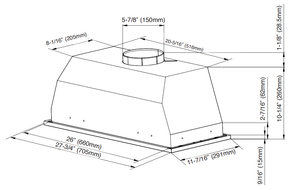 28/36-Inch 350 CFM Built-In/Insert Range Hood with Baffle Filters