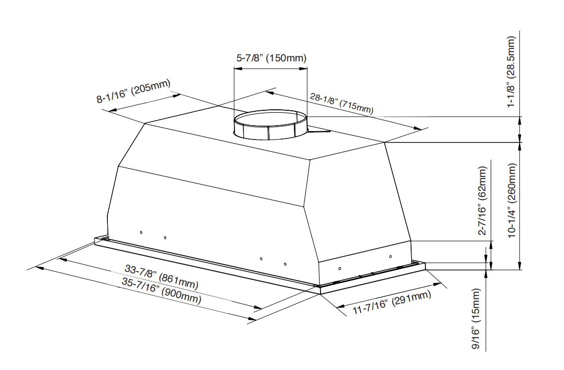 28/36-Inch 350 CFM Built-In/Insert Range Hood with Baffle Filters