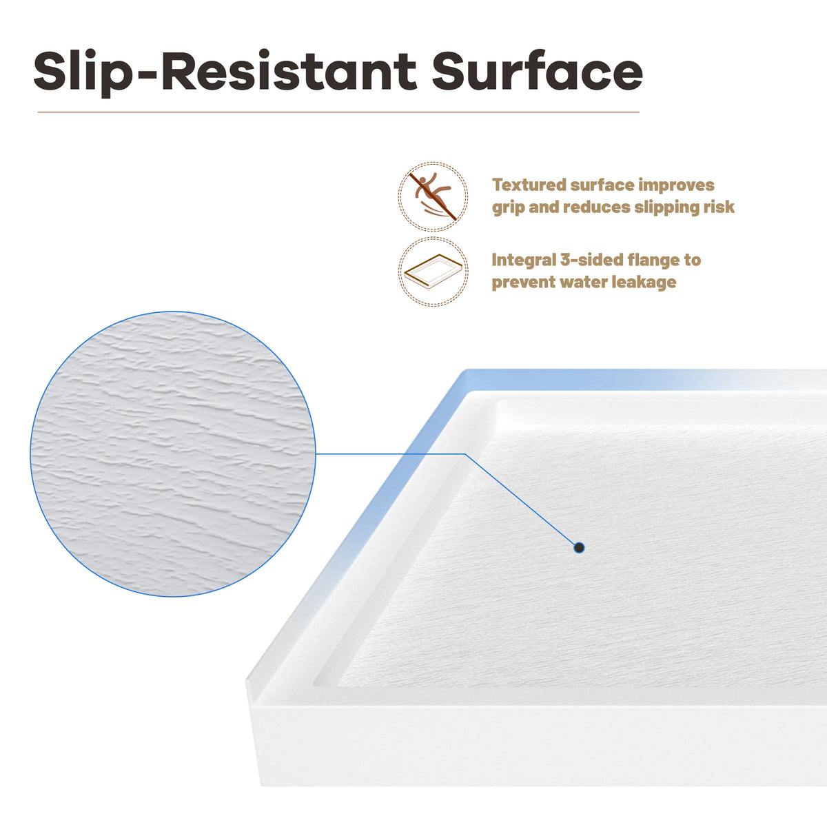 48"/60"x30"-36" White SMC Shower Base with Flamed Rock Slip-Resistant Surface, Left/Right Drain