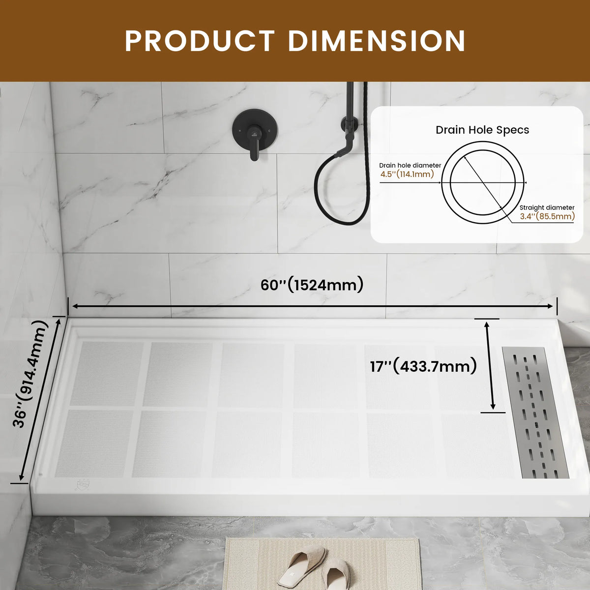 48"/60" x 30"/32"/36" White SMC Rectangular Shower Base with Non-Slip Texture, Left/Right Drain