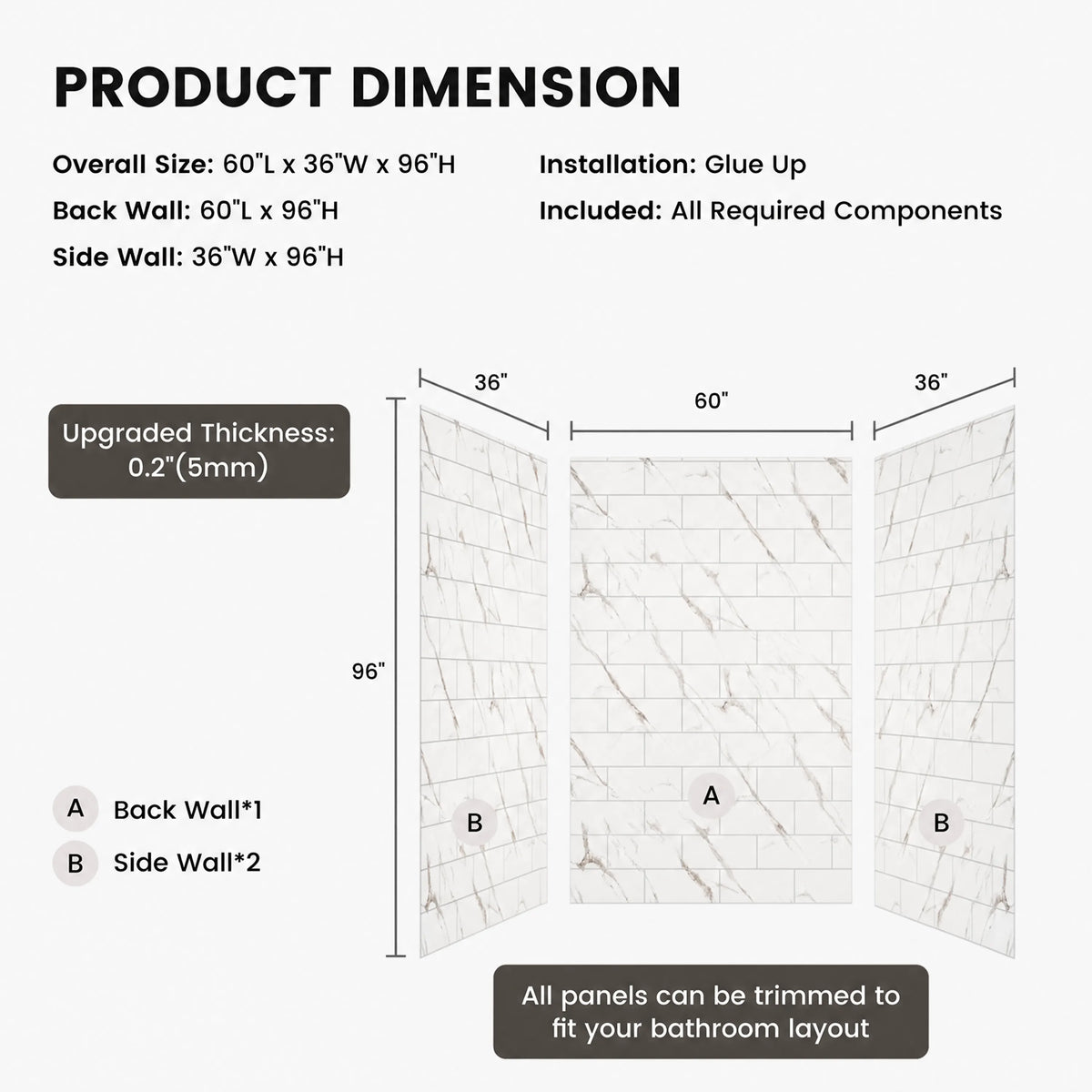 60"x36"/48"x96" Medium Tile Pattern SMC Shower Wall Panel System in 4 Finishes