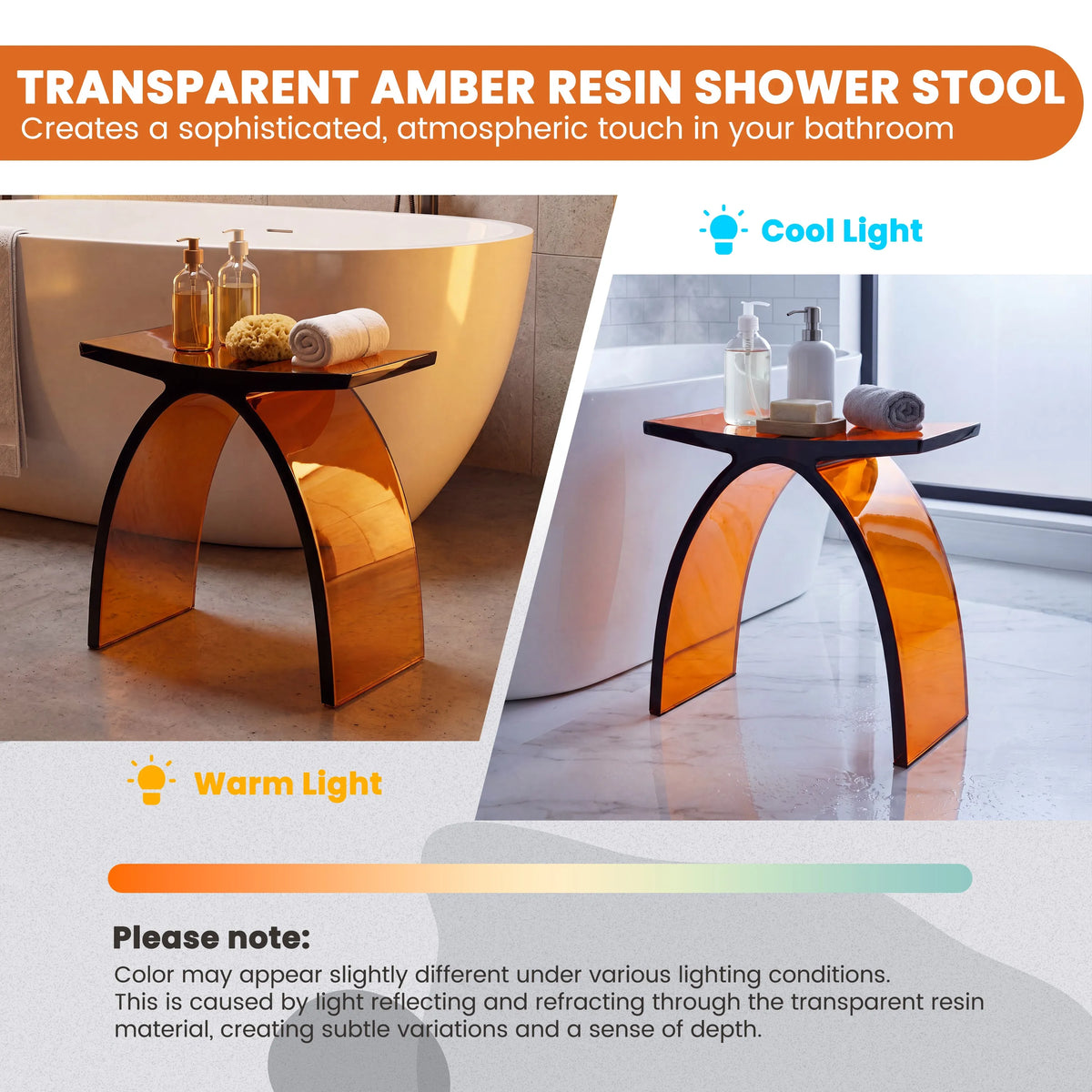 Translucent Resin Arched Solid Surface Bathroom Shower Bench in Glossy Smoke Black/Amber