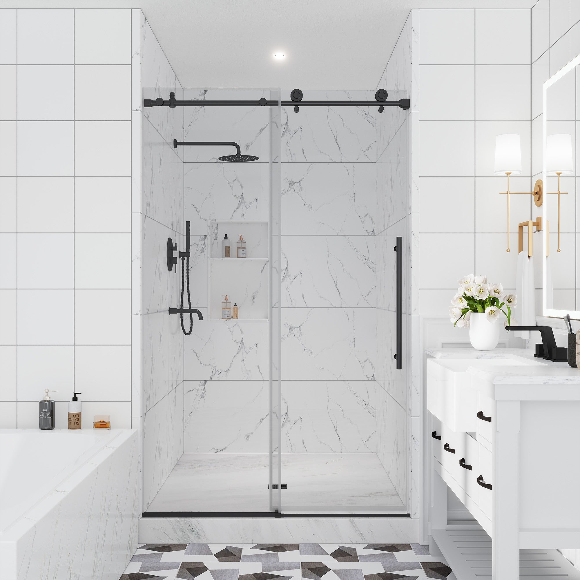 48"x76" Frameless Single Sliding Shower Door in Matte Black/Brushed Nickel/Chrome, Tempered Safety Glass and Reversible Installation