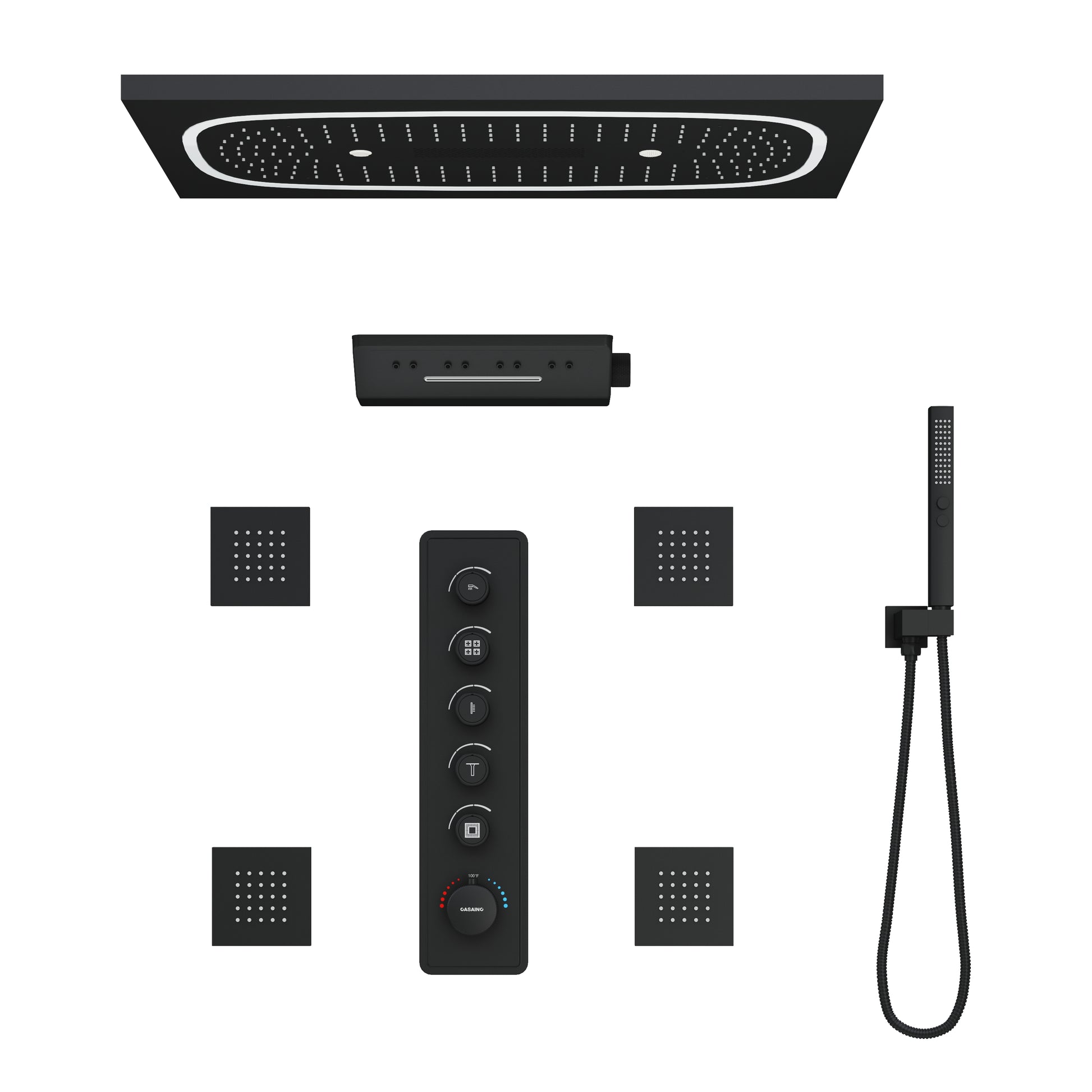 29.52" x 15.74" 64-Color LED Thermostatic Multifunction Shower System with Body Jets& Handheld