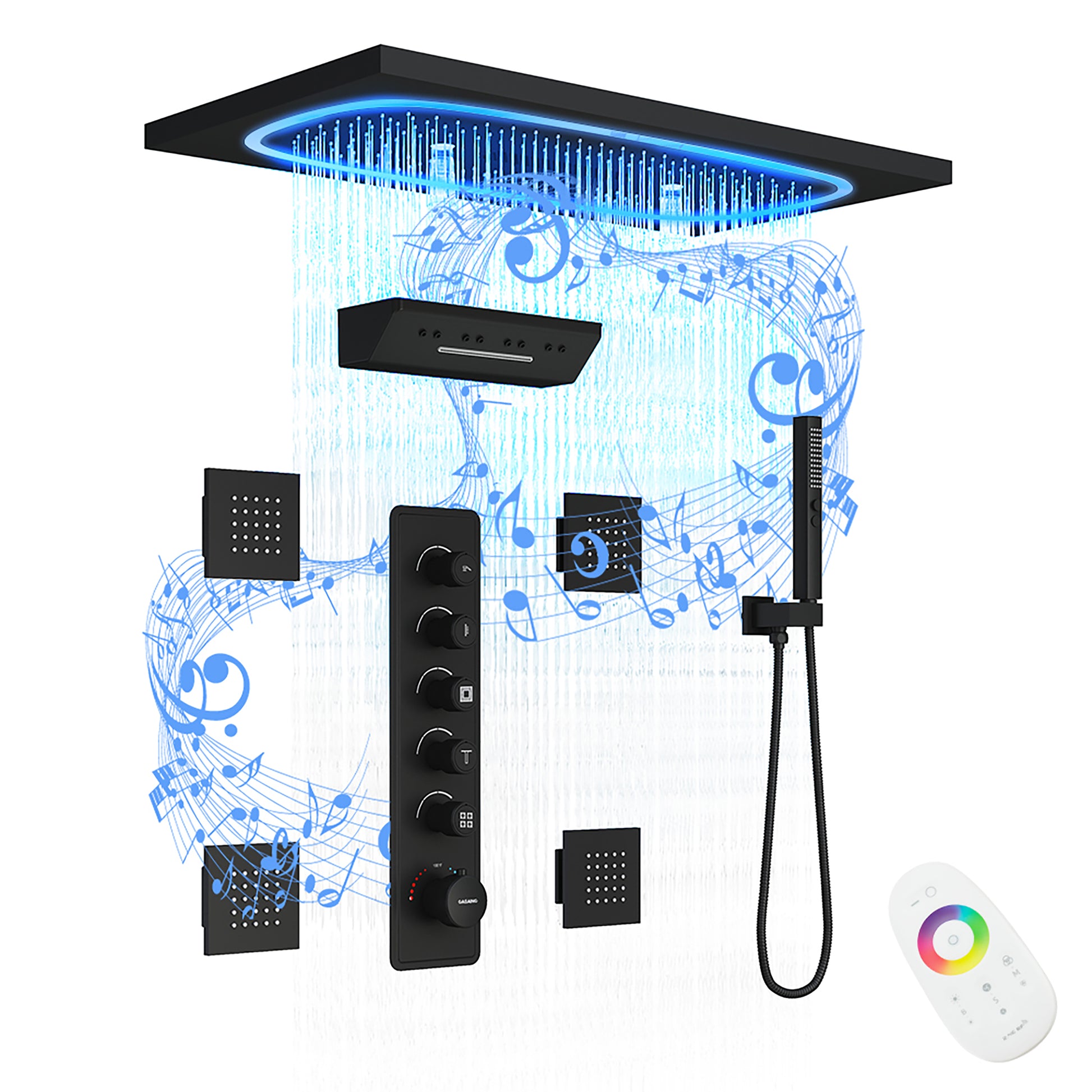 29.52" x 15.74" 64-Color LED Thermostatic Multifunction Shower System with Body Jets& Handheld