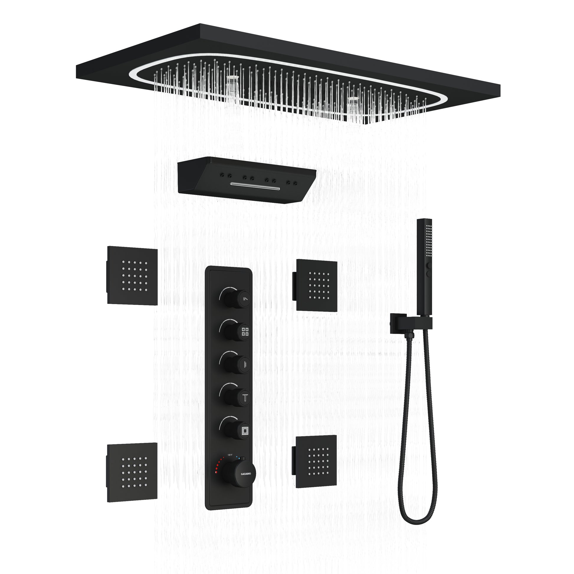 29.52" x 15.74" 64-Color LED Thermostatic Multifunction Shower System with Body Jets& Handheld