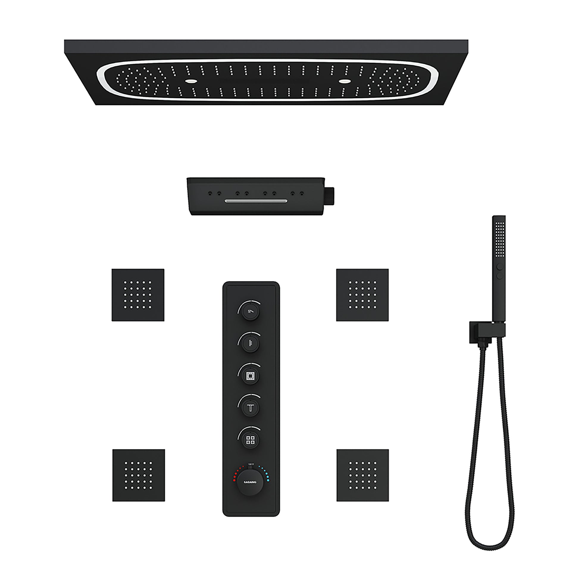 29.52" x 15.74" 64-Color LED Thermostatic Multifunction Shower System with Body Jets& Handheld