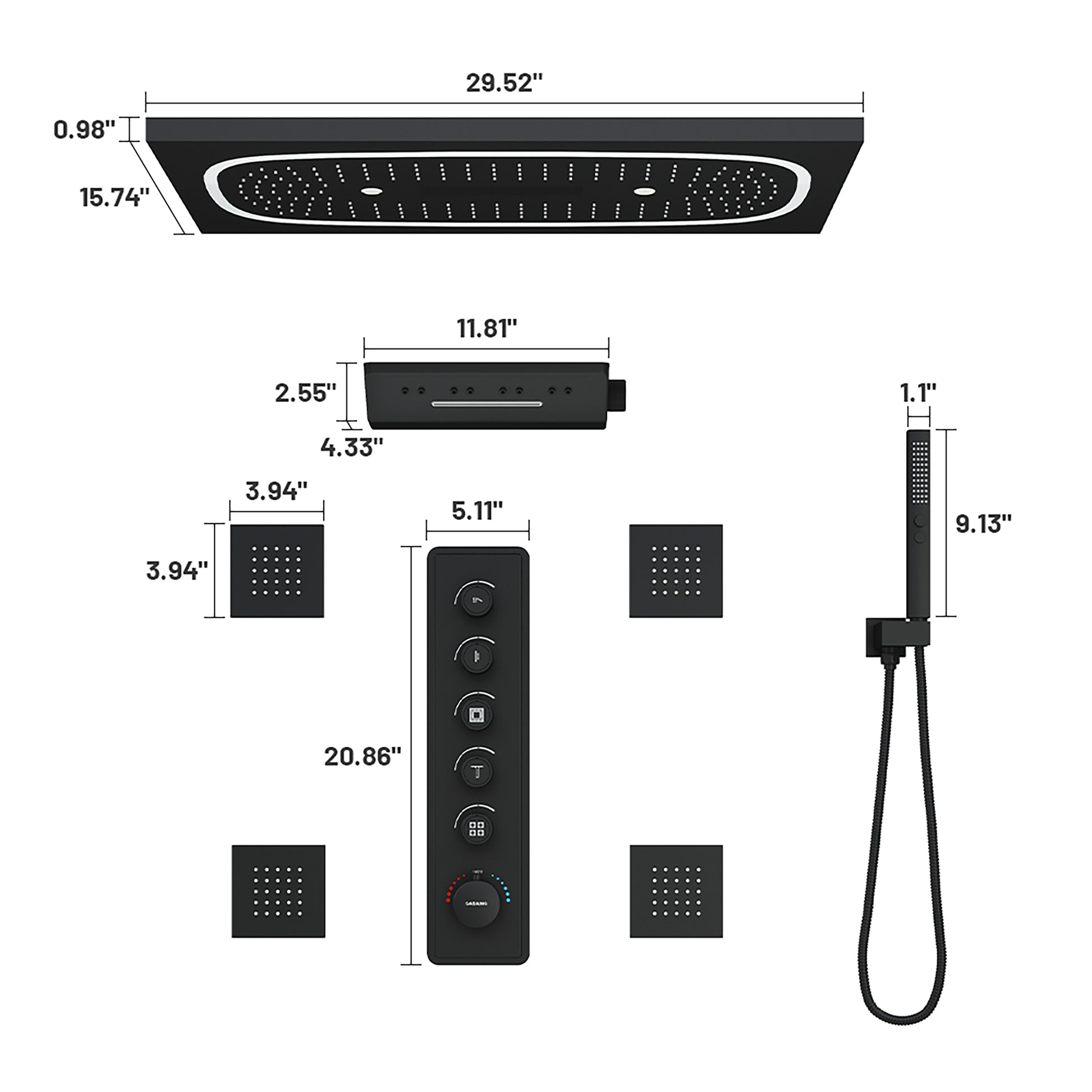 29.52" x 15.74" 64-Color LED Thermostatic Multifunction Shower System with Body Jets& Handheld