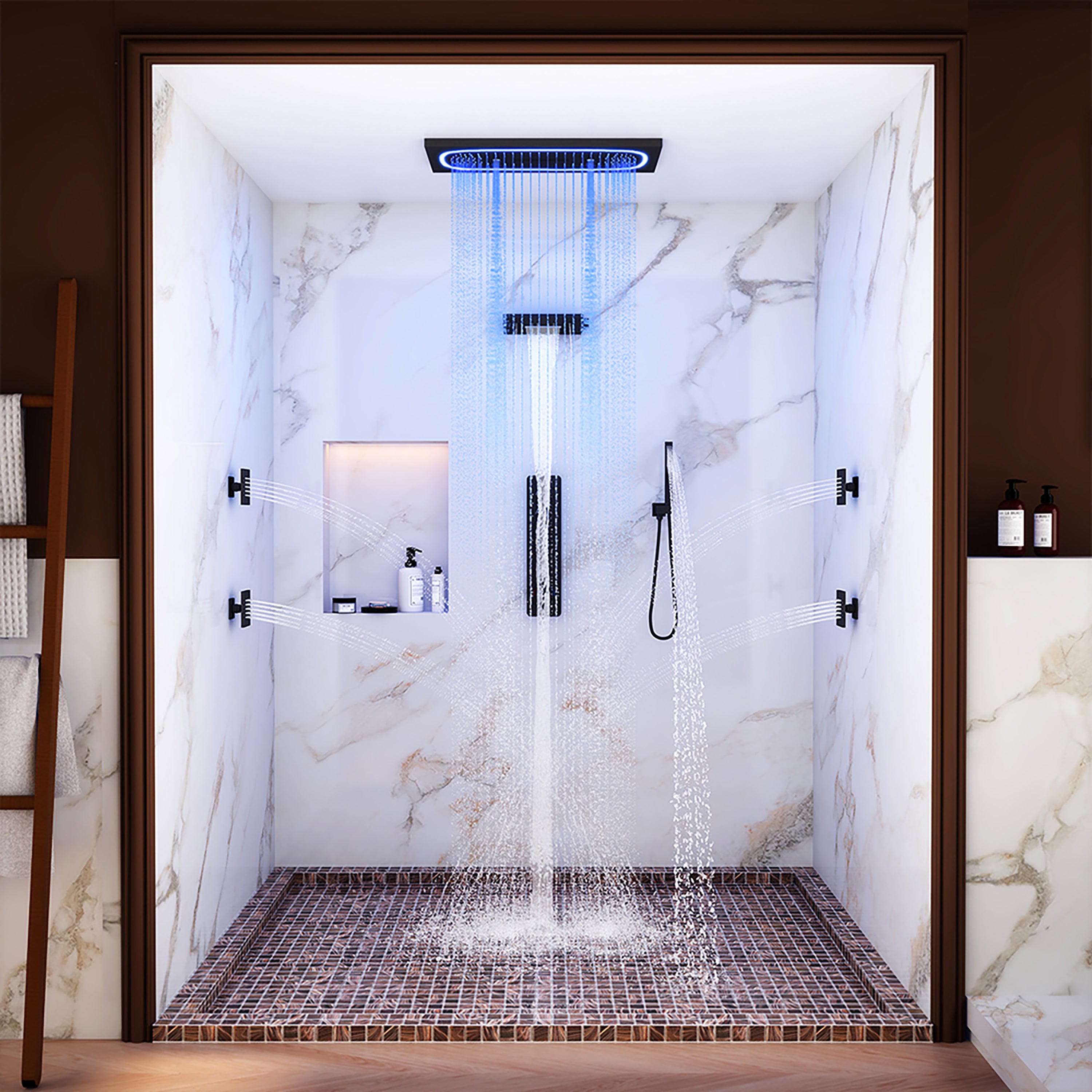 29.52" x 15.74" 64-Color LED Thermostatic Multifunction Shower System with Body Jets& Handheld
