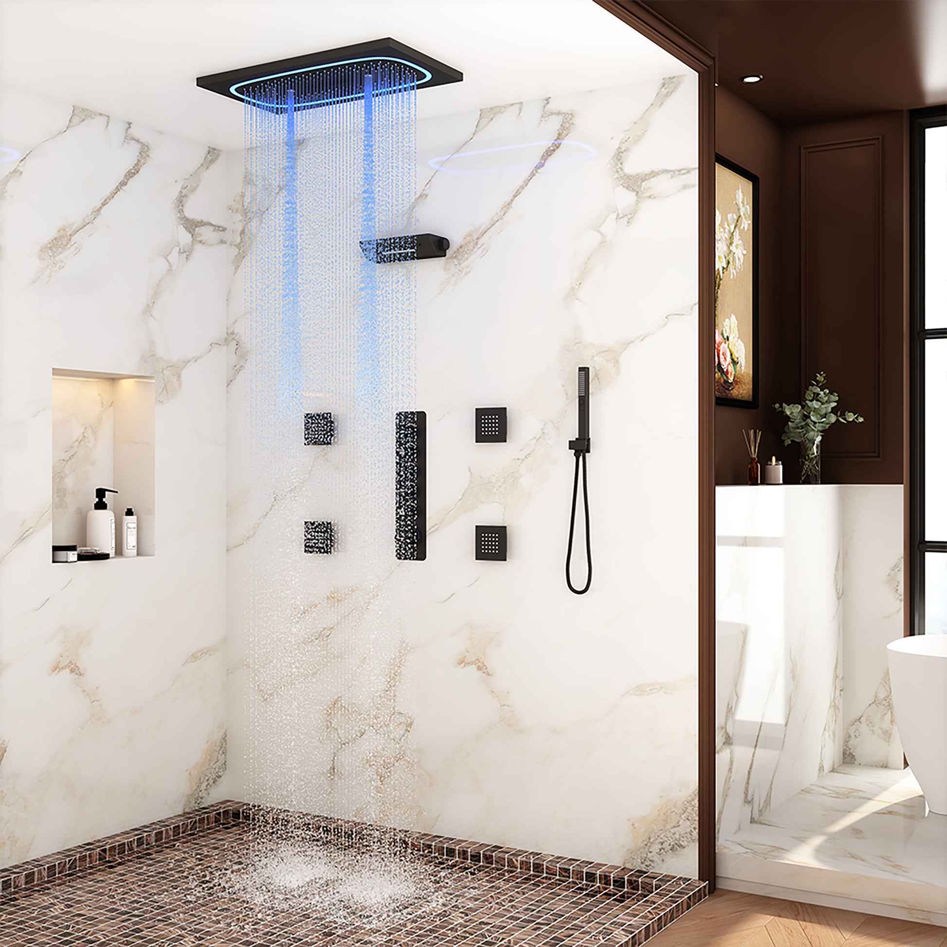 29.52" x 15.74" 64-Color LED Thermostatic Multifunction Shower System with Body Jets& Handheld