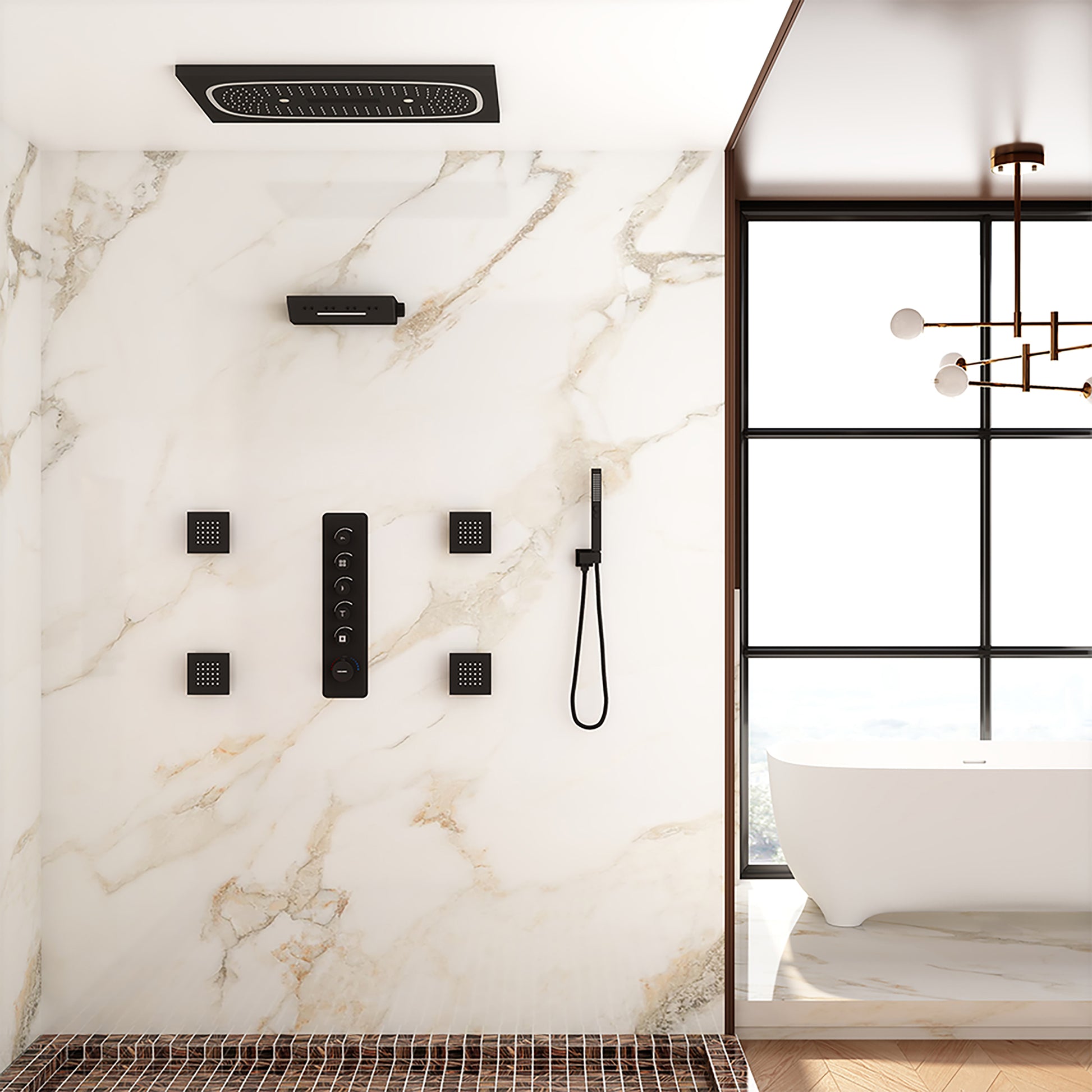 29.52" x 15.74" 64-Color LED Thermostatic Multifunction Shower System with Body Jets& Handheld