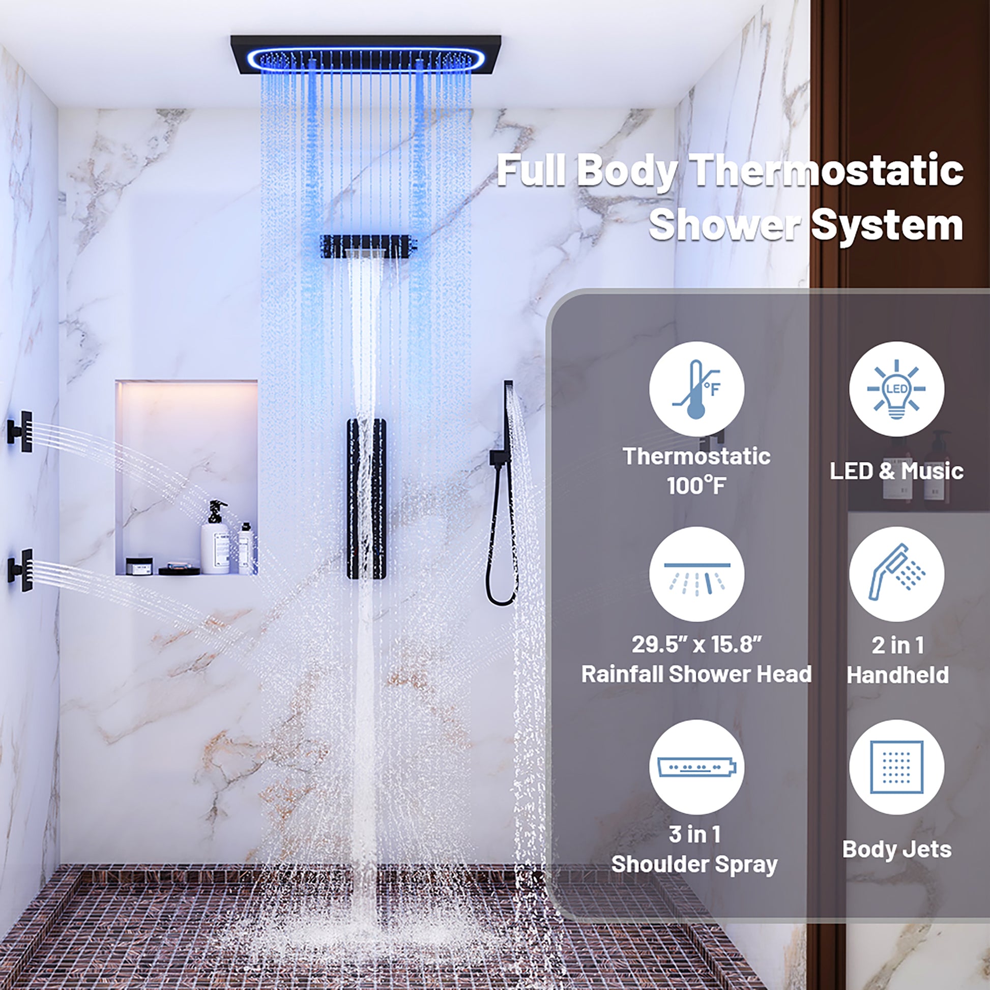 29.52" x 15.74" 64-Color LED Thermostatic Multifunction Shower System with Body Jets& Handheld