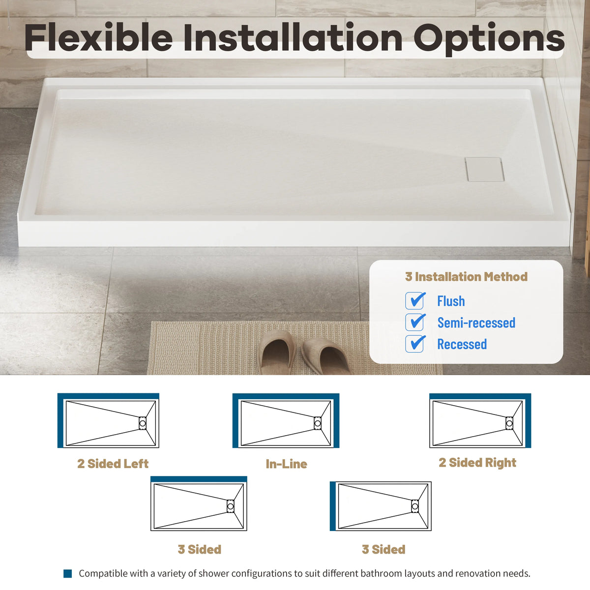 48"/60"x30"-36" White SMC Shower Base with Flamed Rock Slip-Resistant Surface, Left/Right Drain