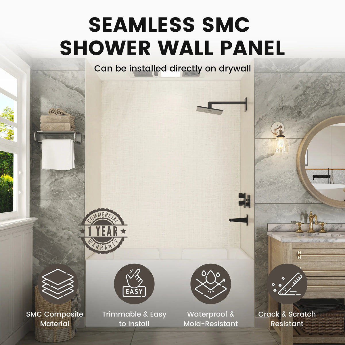 60"x36"x96" SMC Shower Wall Panels, Waterproof Grout-Free Shower Surround in 4 Finishes