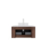 Floating Bathroom Vanity with Curved Edges, Fluted Drawer Fronts, Carrara Sintered Stone Top and Round Ceramic Vessel Sink, Natural Woodgrain / Dark Walnut