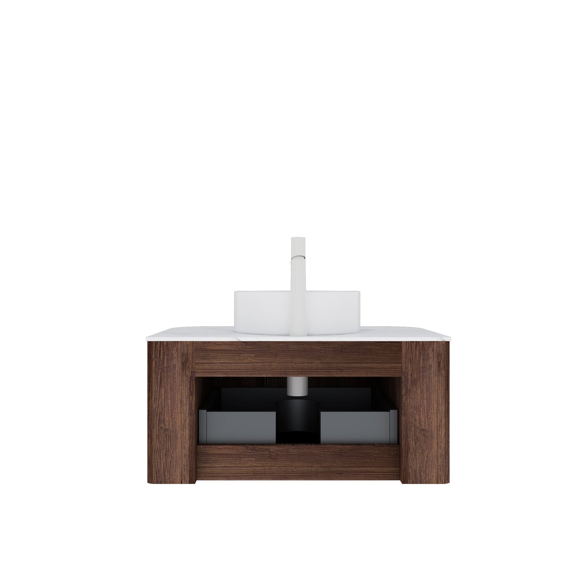 Floating Bathroom Vanity with Curved Edges, Fluted Drawer Fronts, Carrara Sintered Stone Top and Round Ceramic Vessel Sink, Natural Woodgrain / Dark Walnut