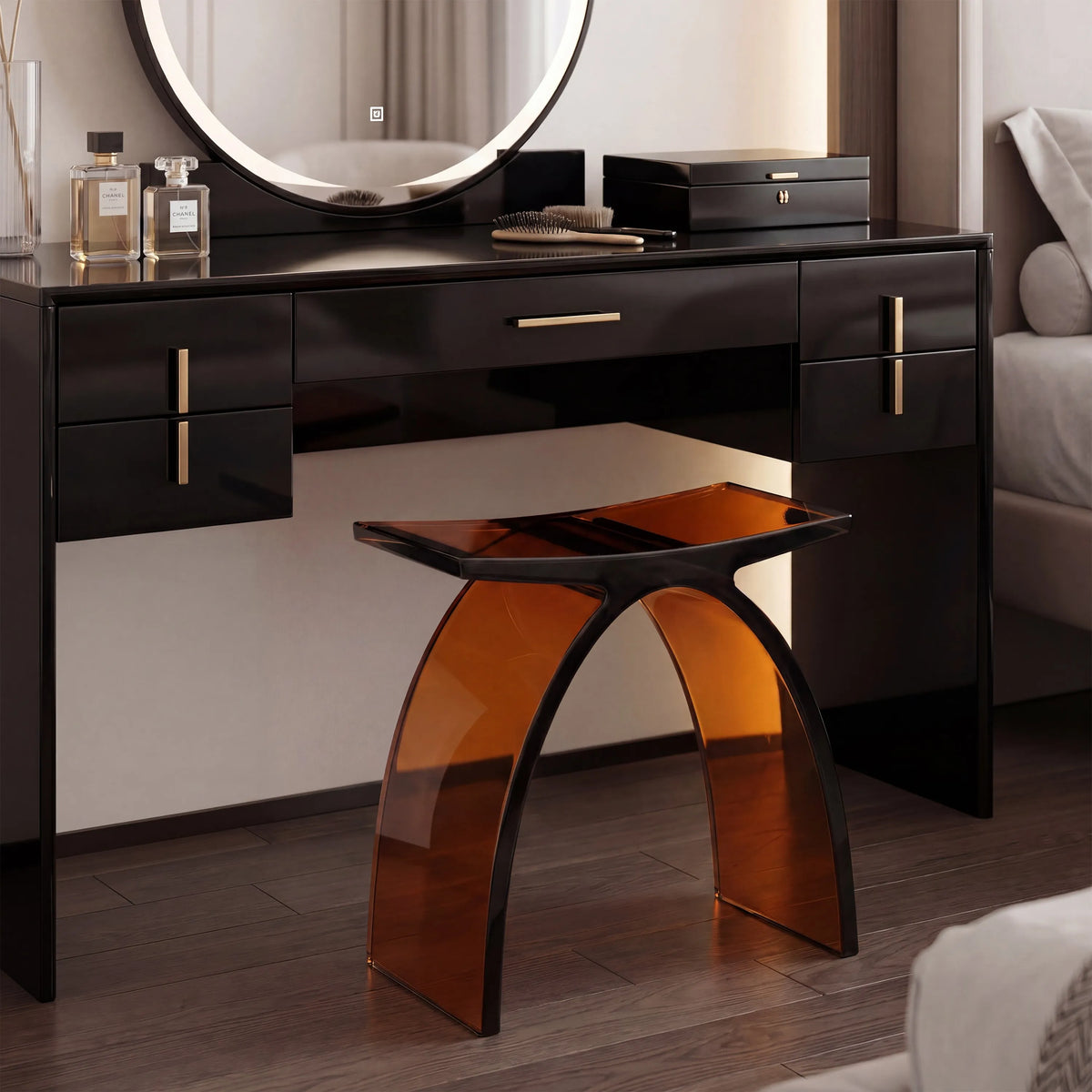 Translucent Resin Arched Solid Surface Bathroom Shower Bench in Glossy Smoke Black/Amber