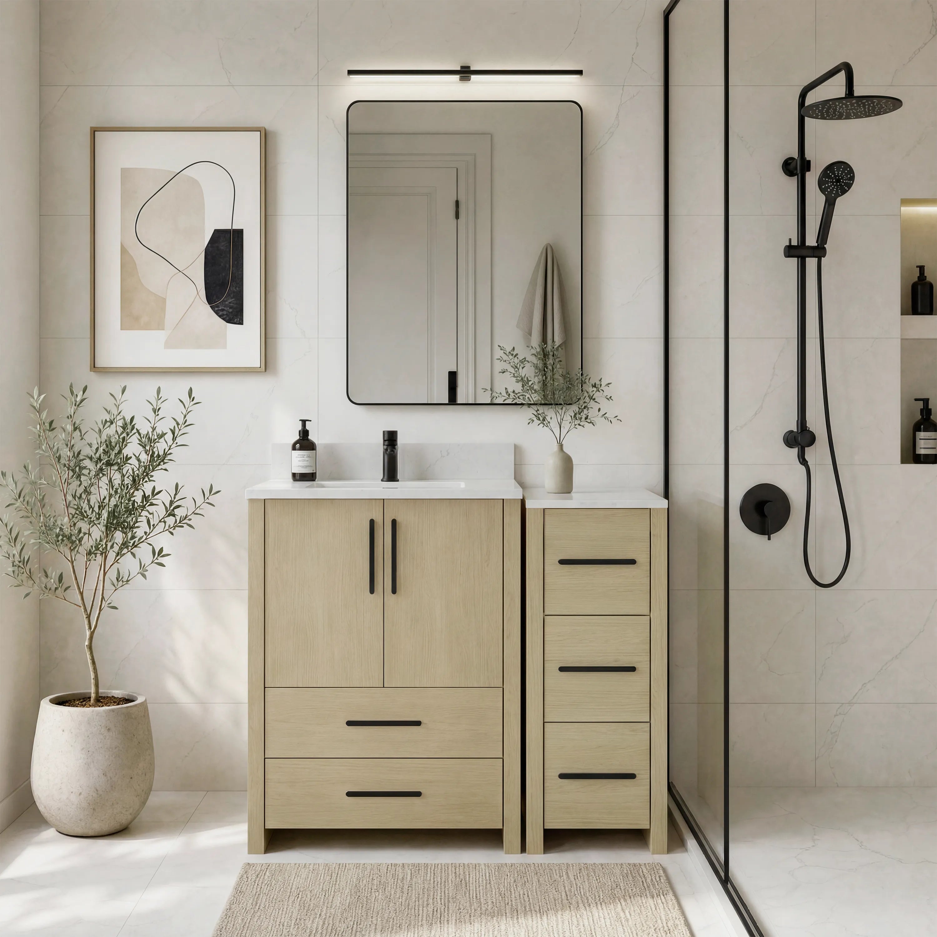 12" Corner Bathroom Vanity with Light Natural Wood, 3 Drawers & Marble Top