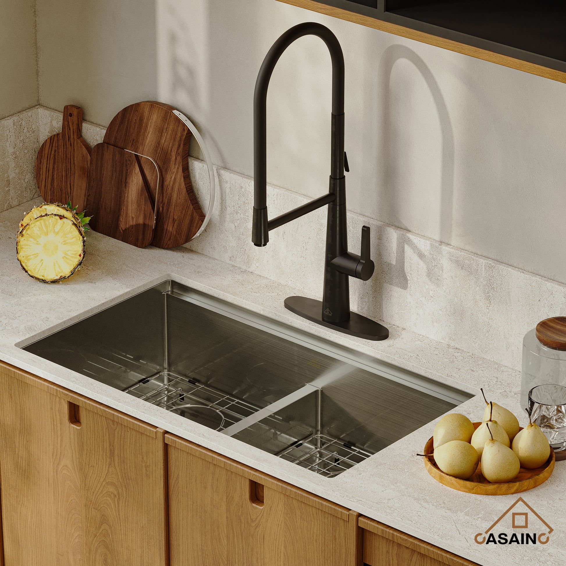 Casainc Undermount Stainless Steel 33-inch Double Bowl Kitchen Sink in Brushed