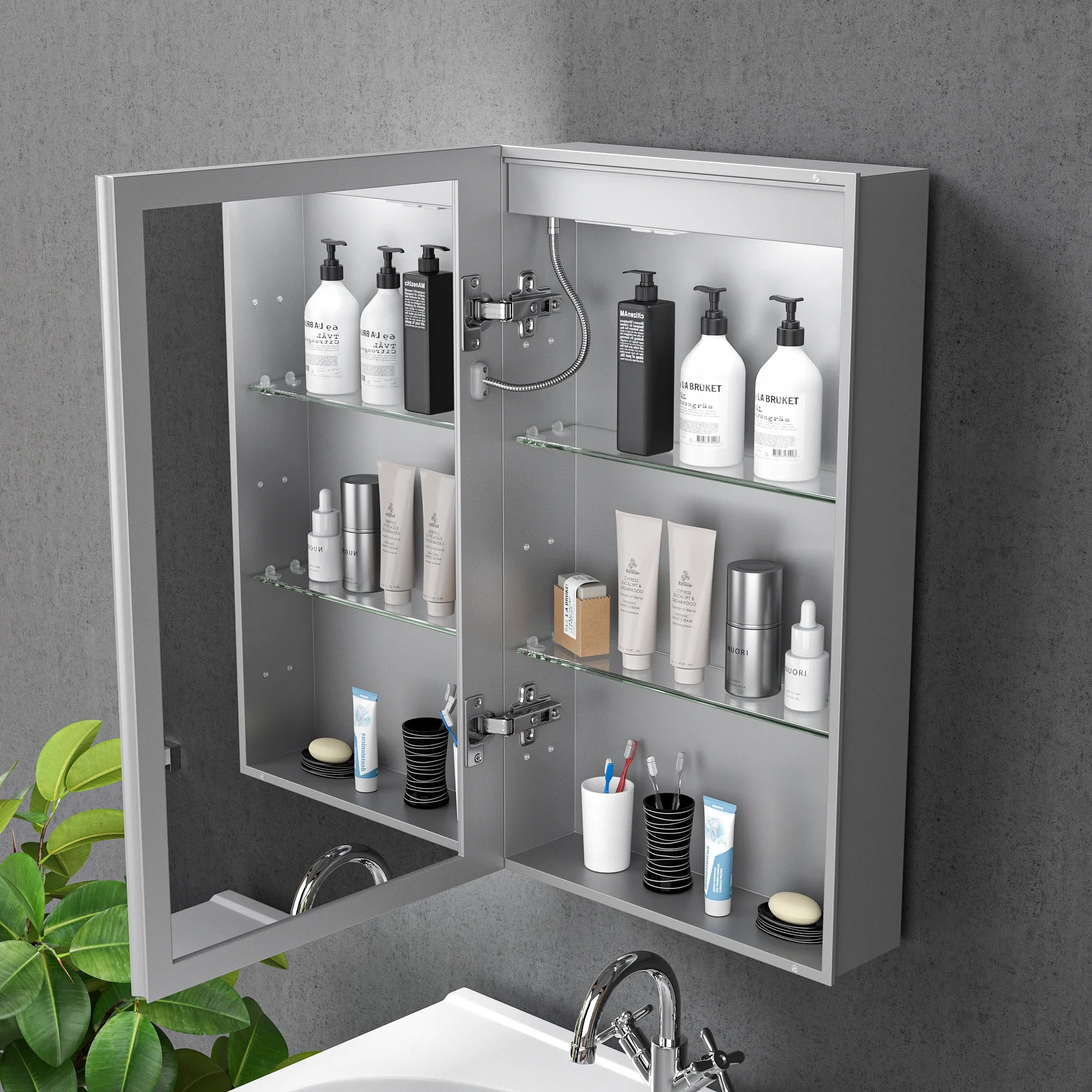 16"-96" Aluminum LED Medicine Cabinet with Anti-Fog Mirror, 3 Color Temperatures & Dimmable Lighting