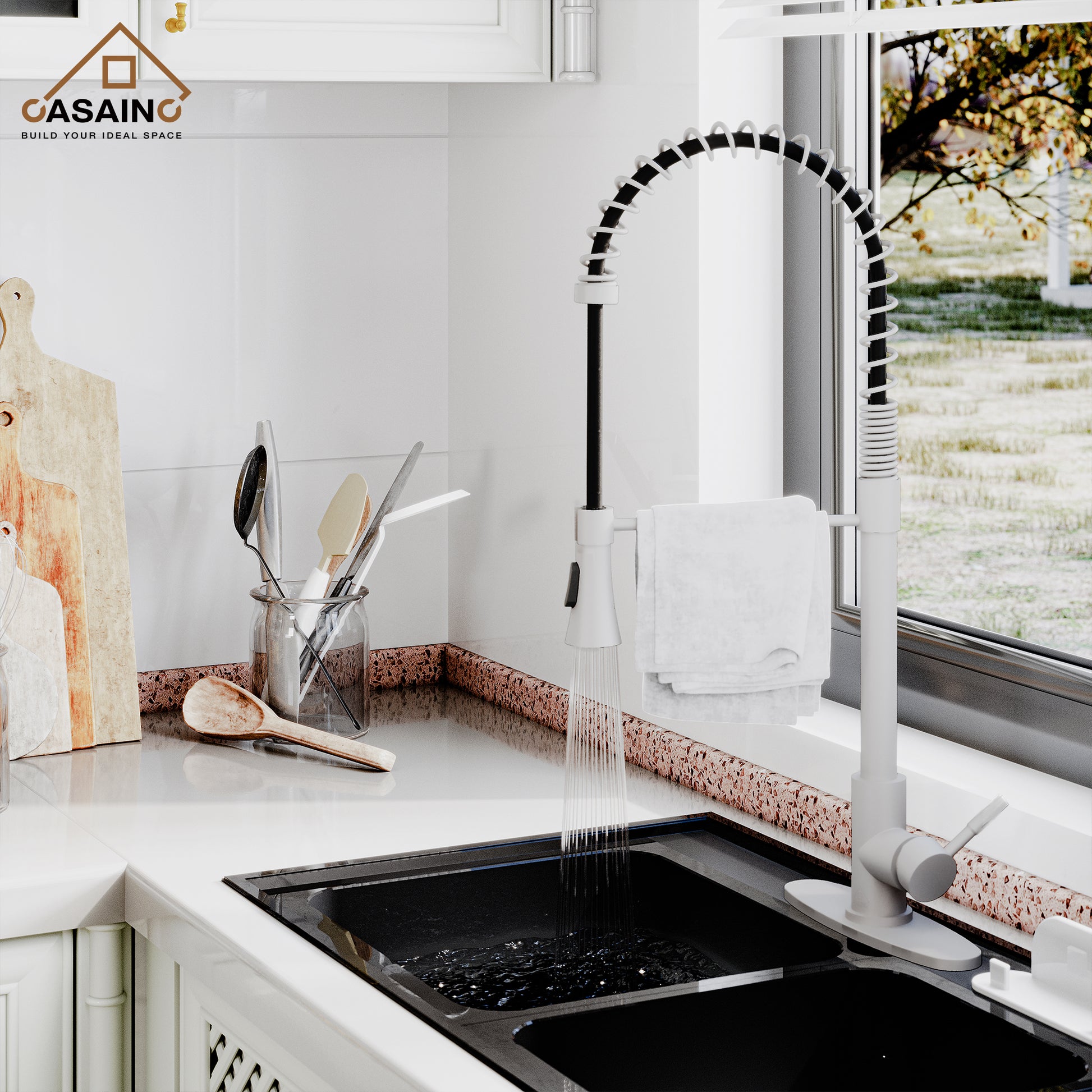 CASAINC 1.8GPM Modern Spring Pull Down Sprayer Kitchen Faucet with Dual-Function Spray Head and Deck Plate, in Brushed Nickel and More