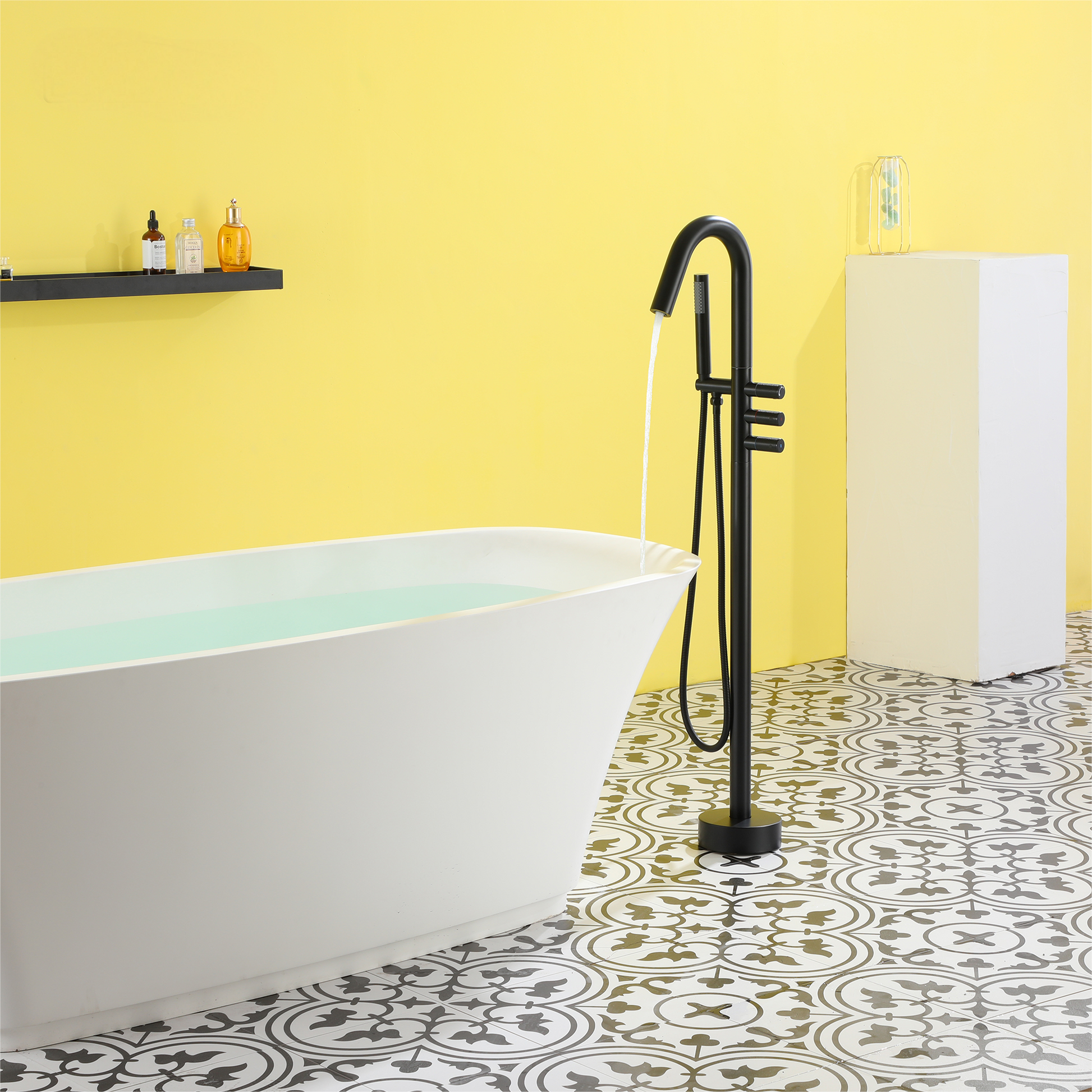Freestanding Floor Mount Tub Filler Faucet with Handheld Shower in Solid Brass Construction