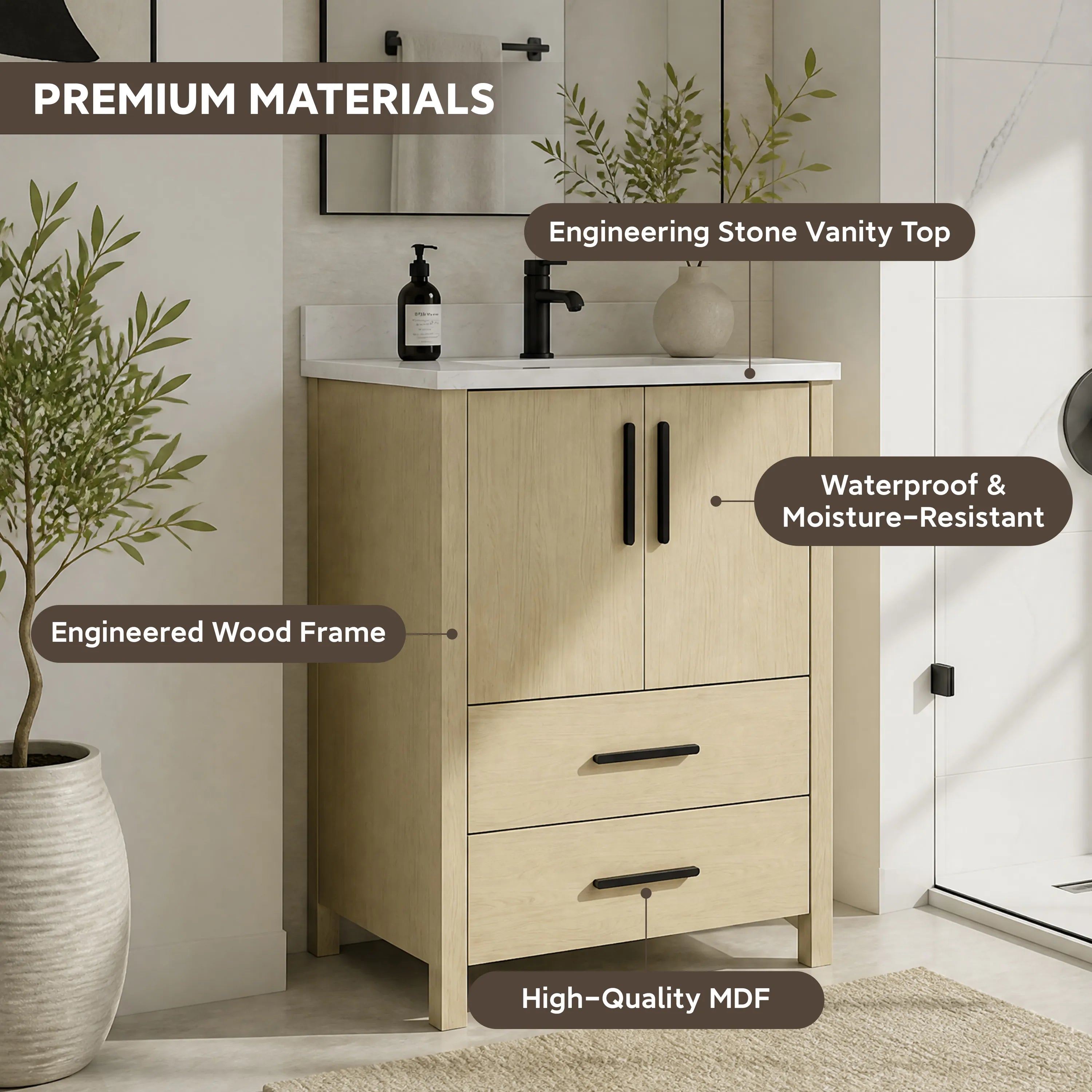24"/36" Single Sink Bathroom Vanity with Light Natural Wood & Marble Top