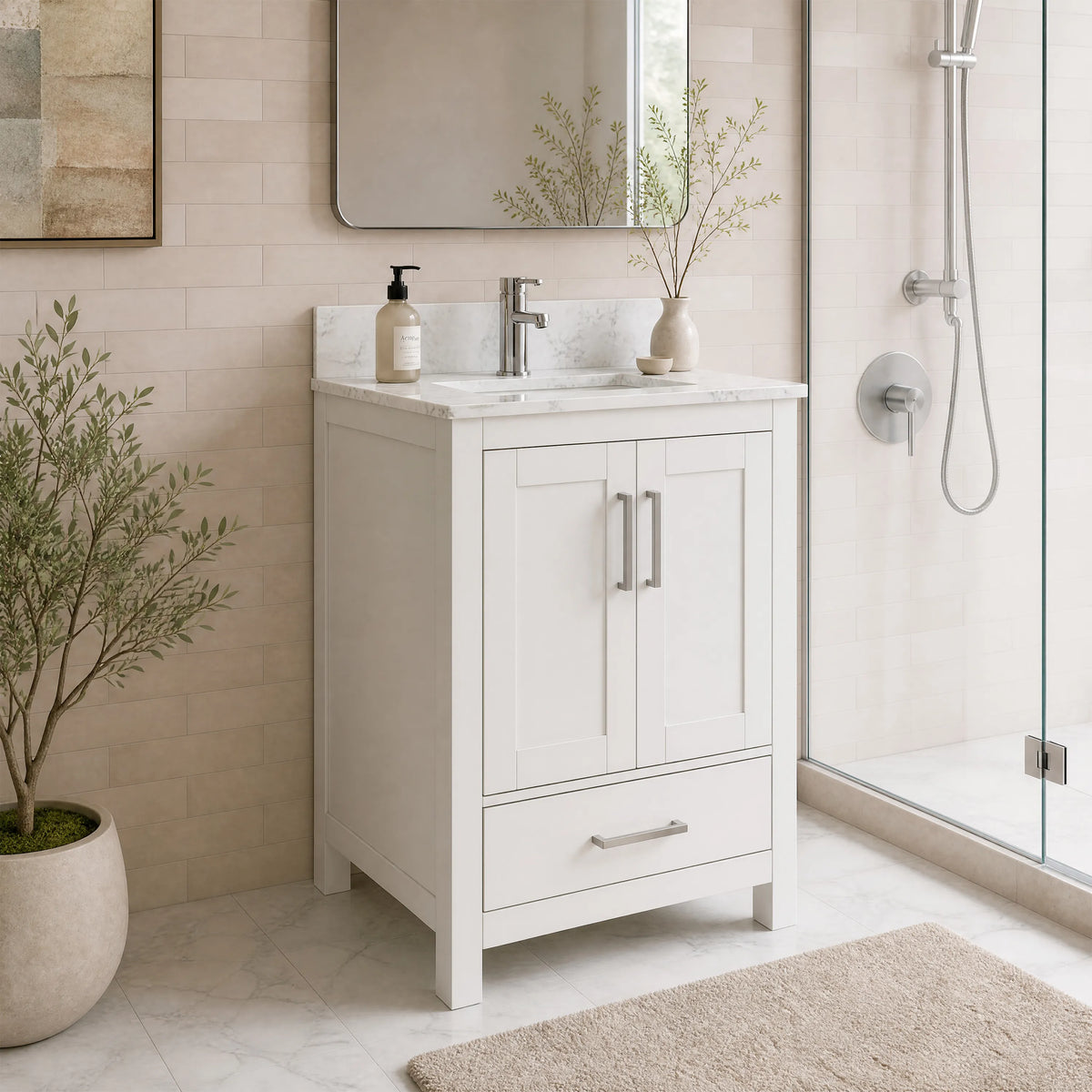 24" Freestanding Single Sink Bathroom Vanity with Solid Wood Frame & Engineered Stone Top