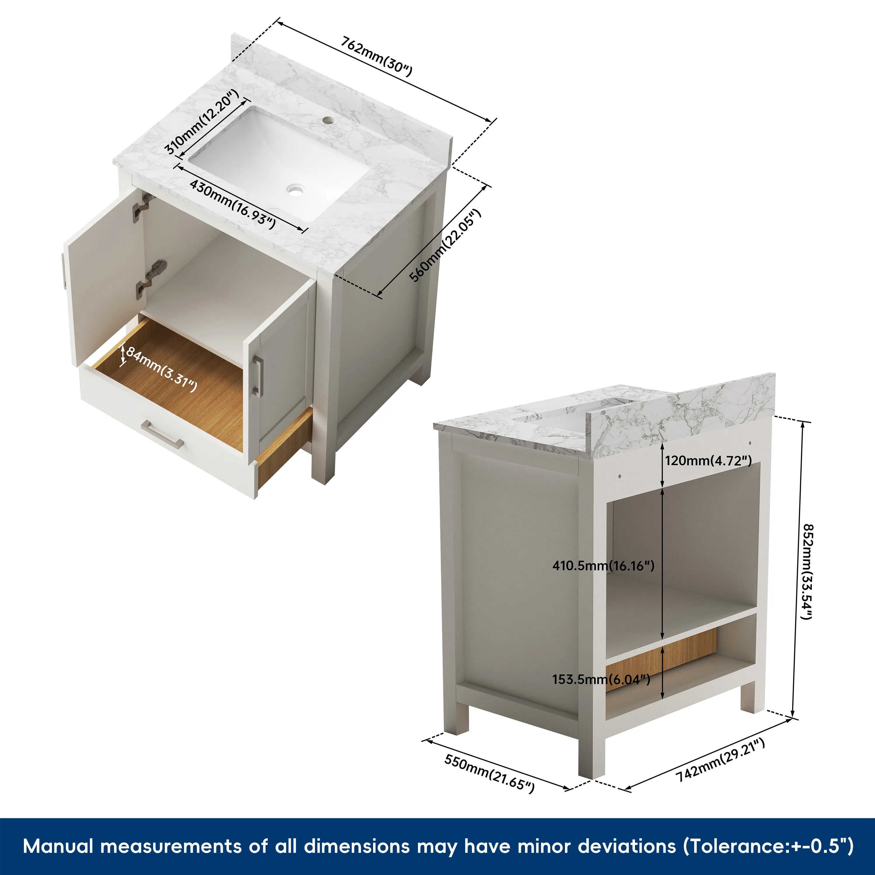 30"/36"/48"/72" Freestanding Bathroom Vanity with White Marble-Pattern Artificial Stone Top