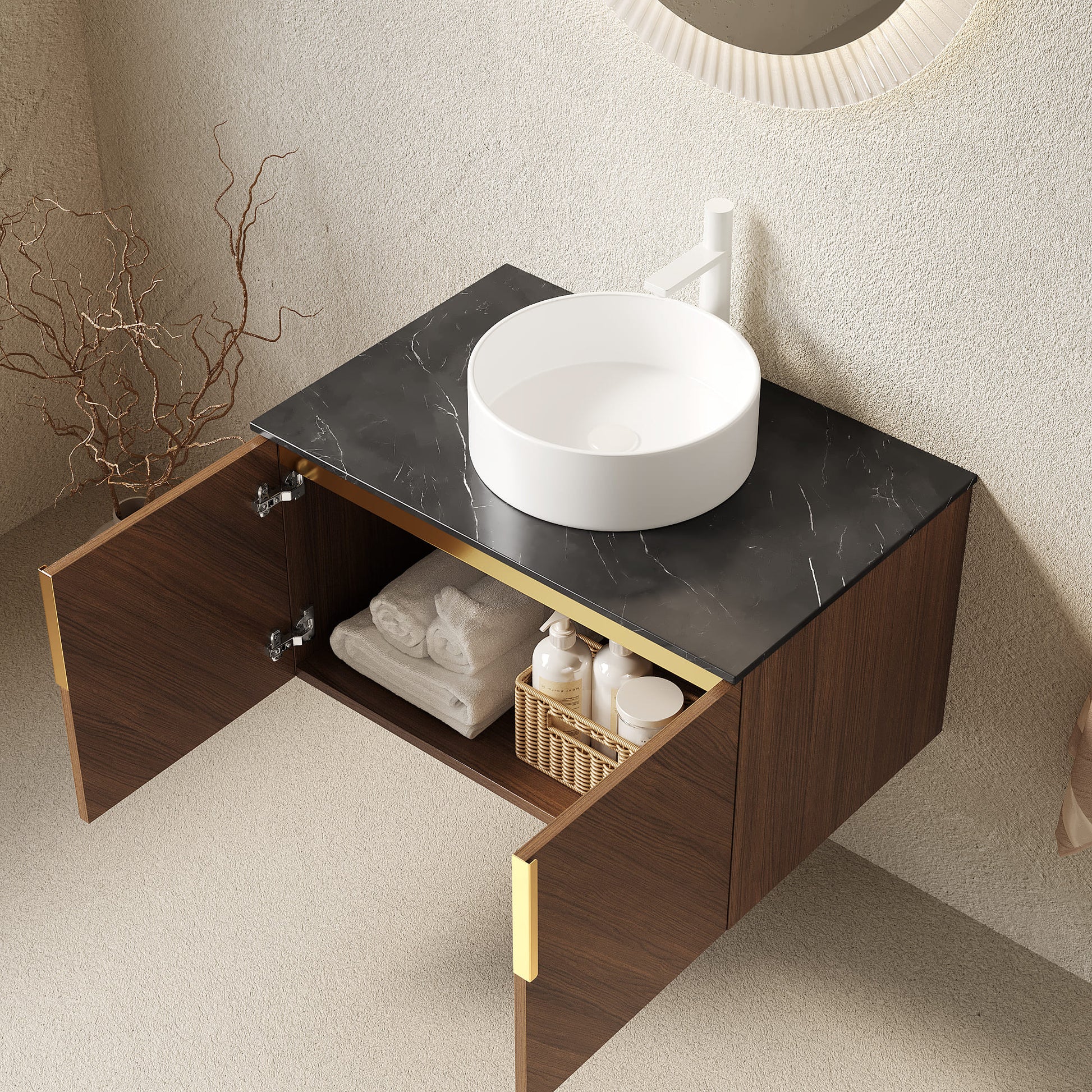 30 in. / 60 in. Floating Bathroom Vanity with Black Sintered Stone Top and Round Ceramic Vessel Sink, Brown Oak Woodgrain