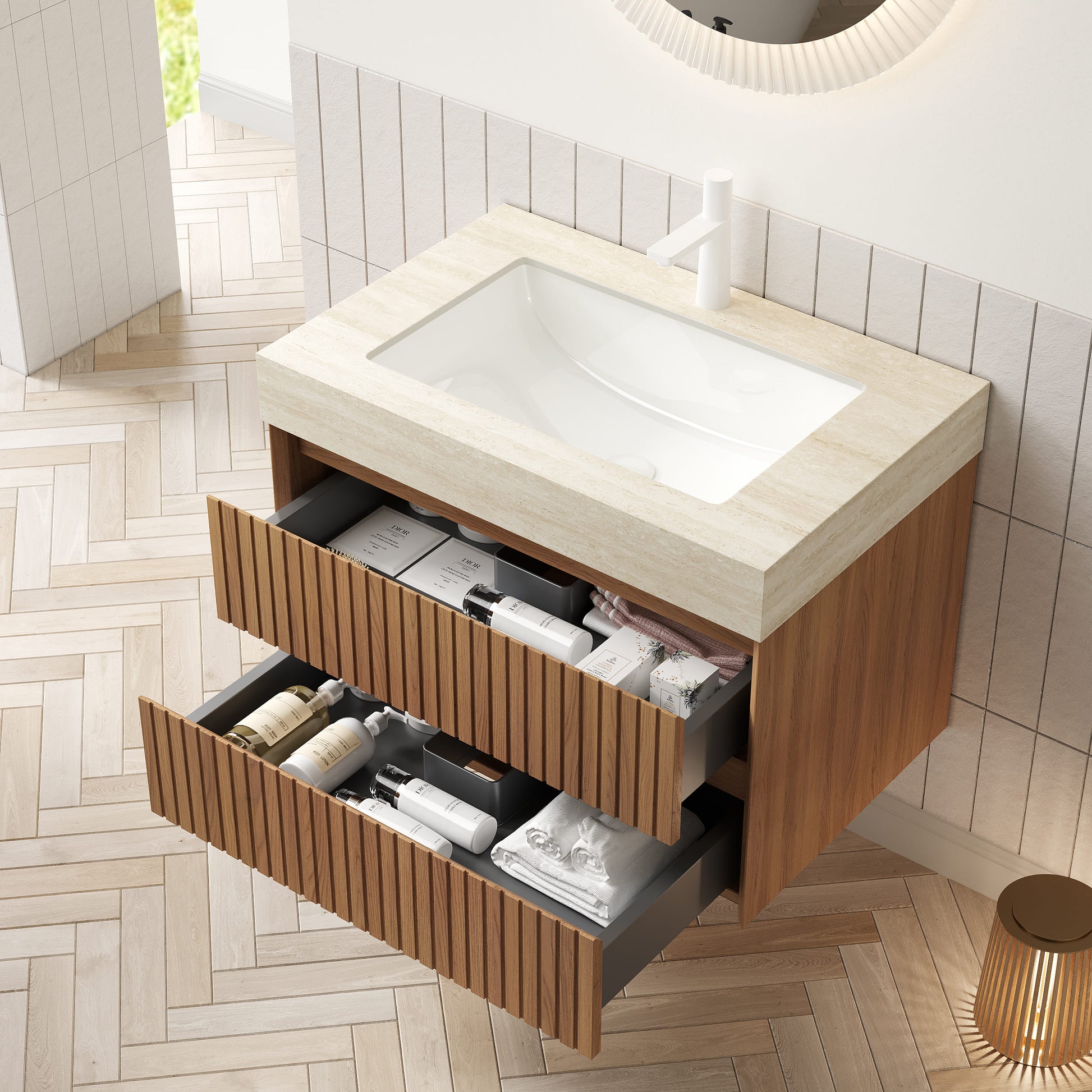 30 in. Floating Bathroom Vanity with 2 Drawers, Travertine-Pattern Sintered Stone Top and Ceramic Undermount Sink, Brown Oak Woodgrain