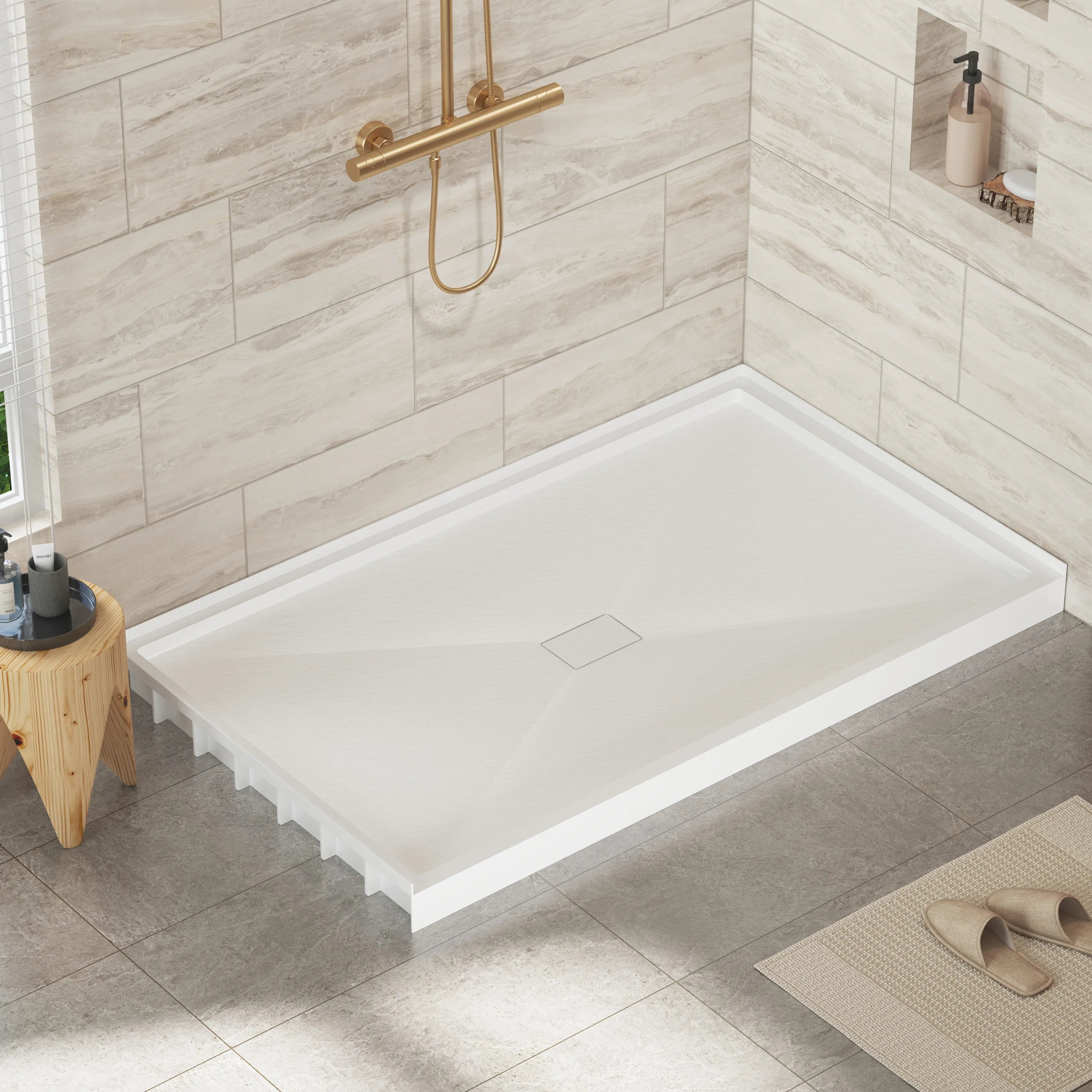 36"-60"x30"-36" White SMC Shower Base with Flamed Rock Slip-Resistant Surface, Center Drain