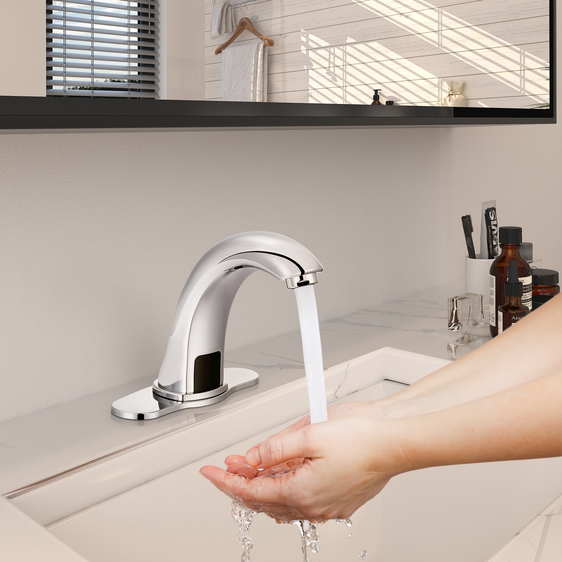 Hands-Free Touchless Bathroom Sink Faucet with Hole Cover Plate