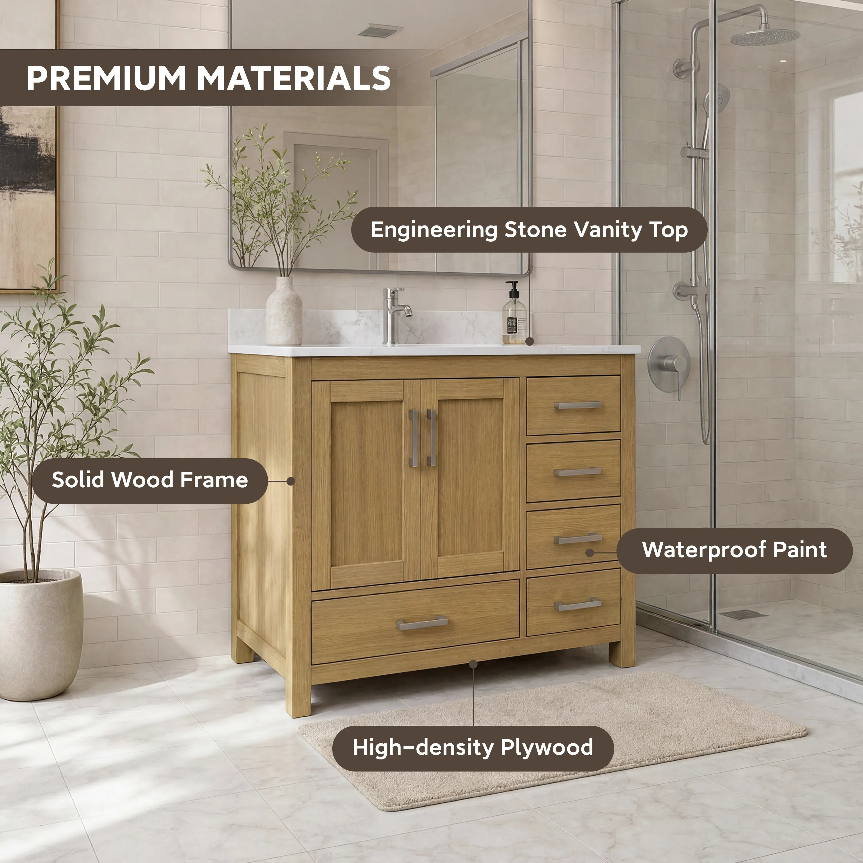 42"/55"/60"/72"/84" Warm Oak Freestanding Bathroom Vanity with Solid Wood Construction