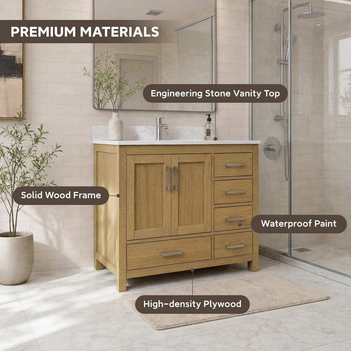 42"/55"/60"/72"/84" Warm Oak Freestanding Bathroom Vanity with Solid Wood Construction