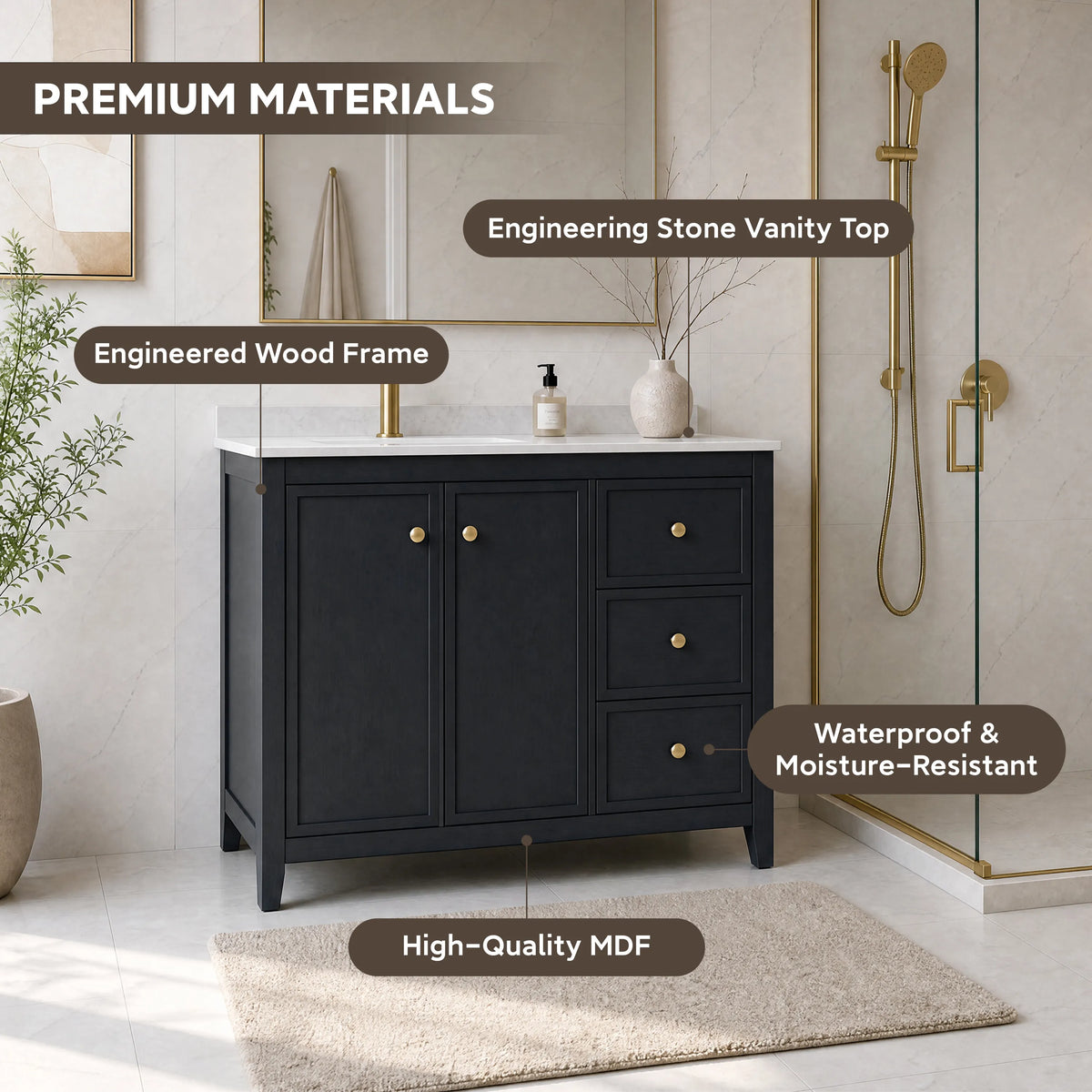 42" Matte Black Bathroom Vanity with Single Sink & Marble Top